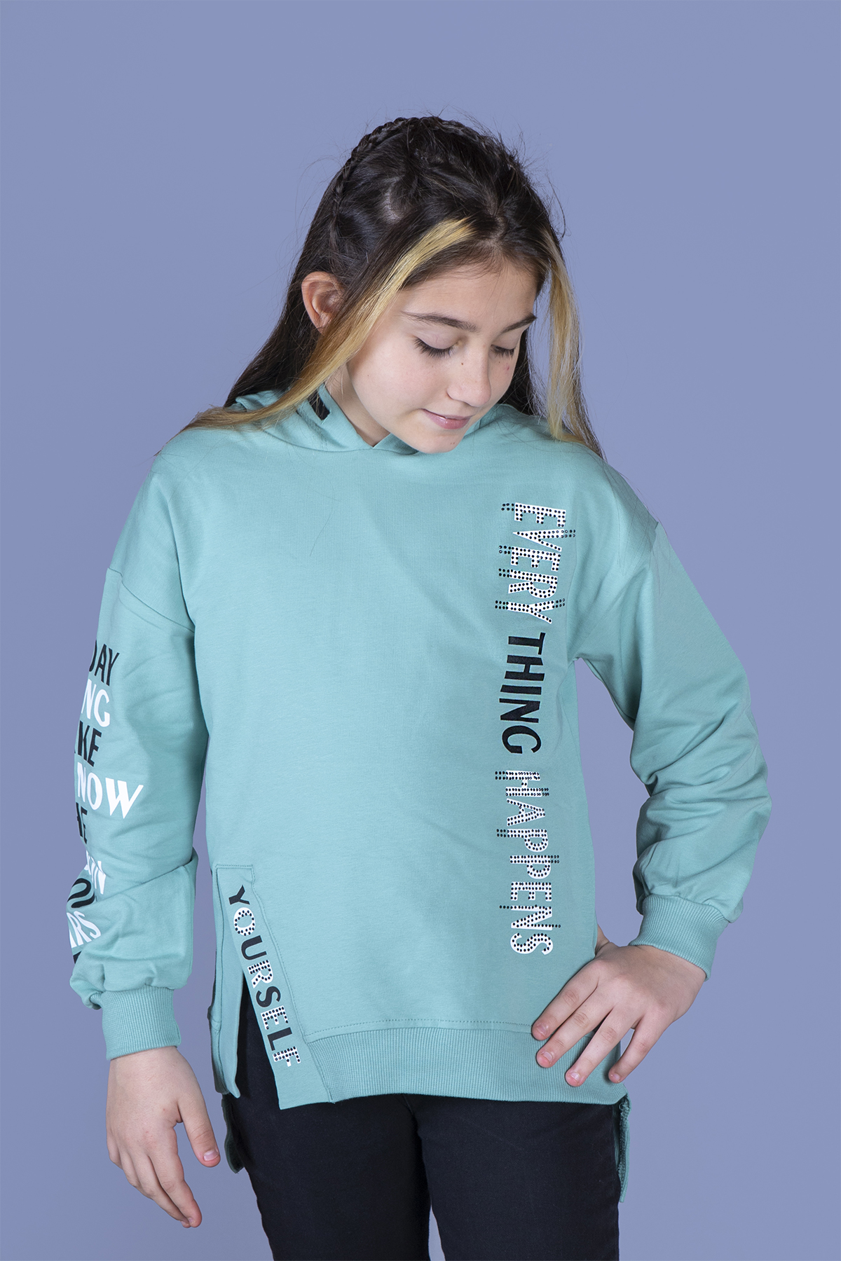 Toontoy Kız Çocuk Kapüşonlu Yırtmaç Detaylı Baskılı Sweatshirt