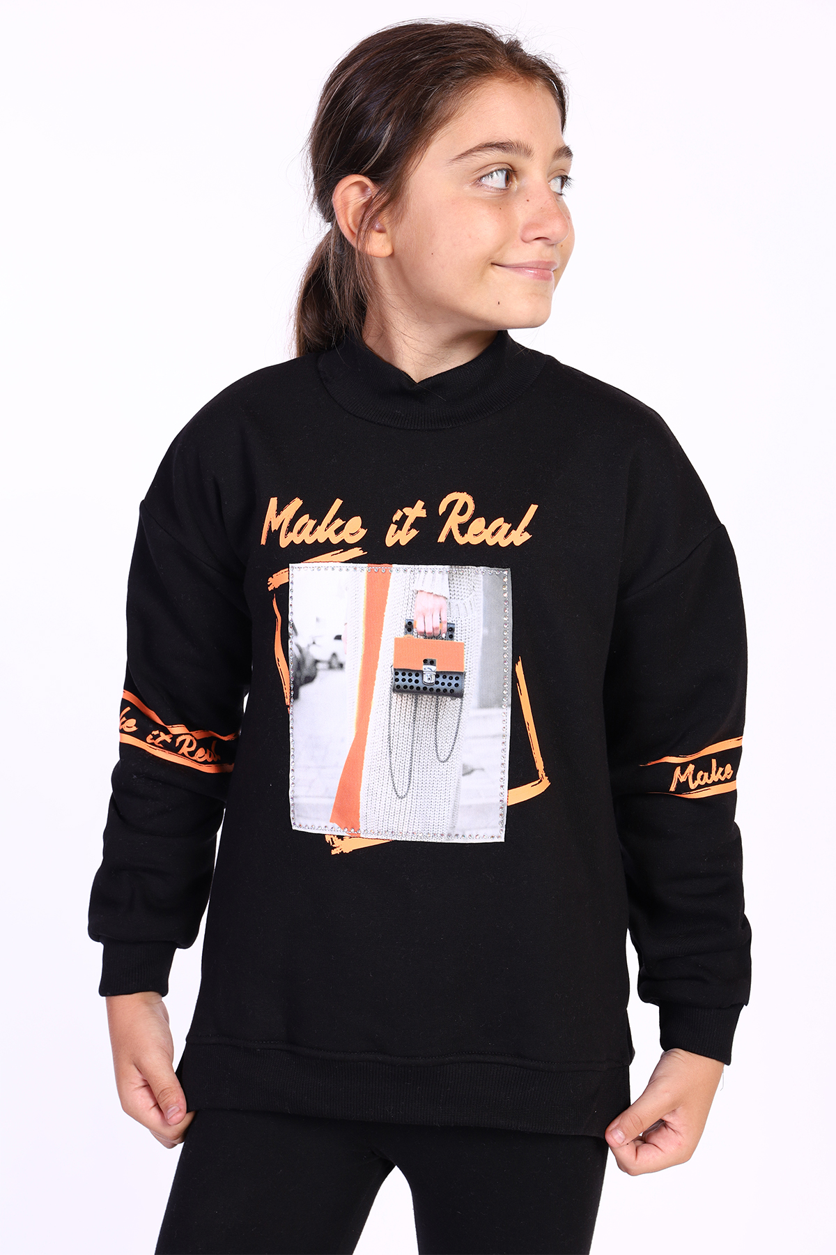 Toontoy Kız Çocuk Baskılı Taş İşlemeli Balıkçı Yaka Sweatshirt