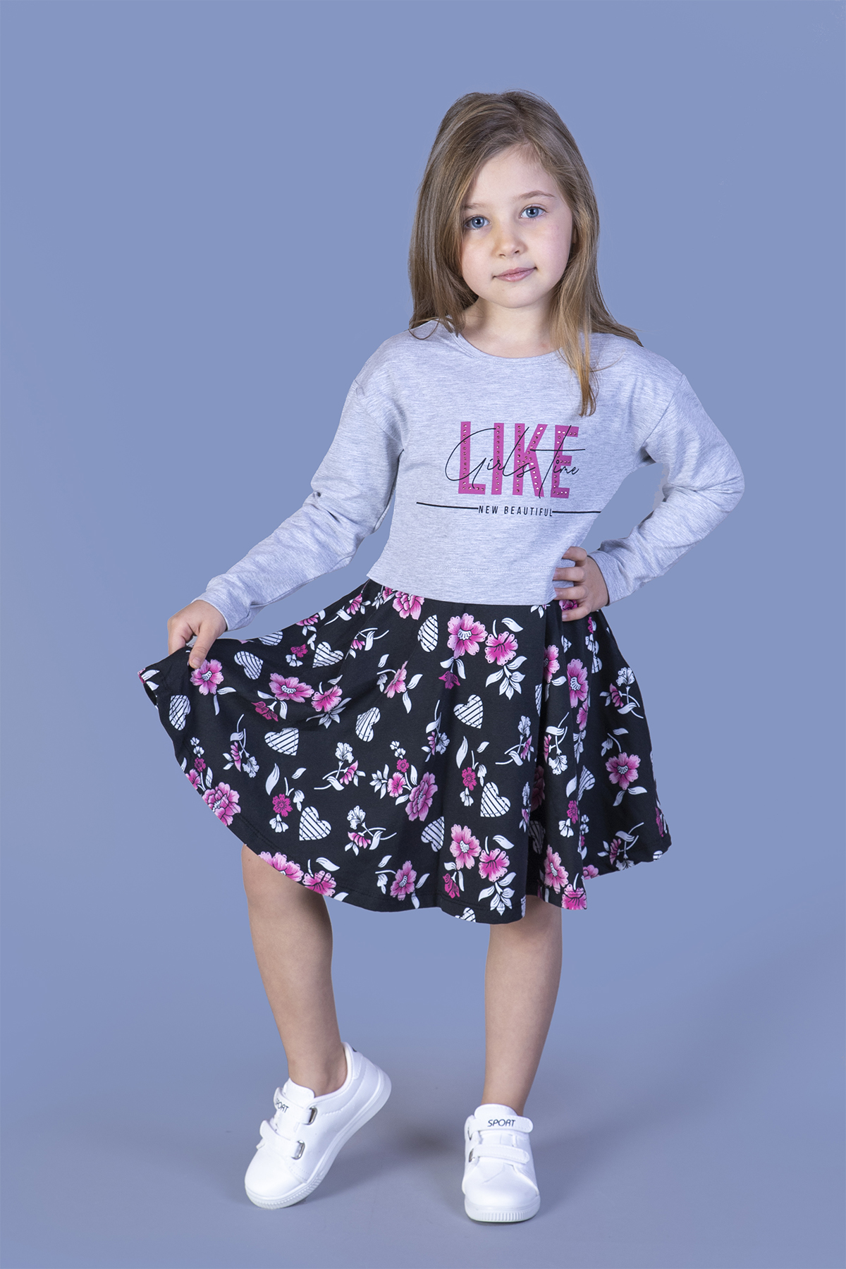 Toontoy Kız Çocuk Lıke Baskılı Eteği Desenli Elbise