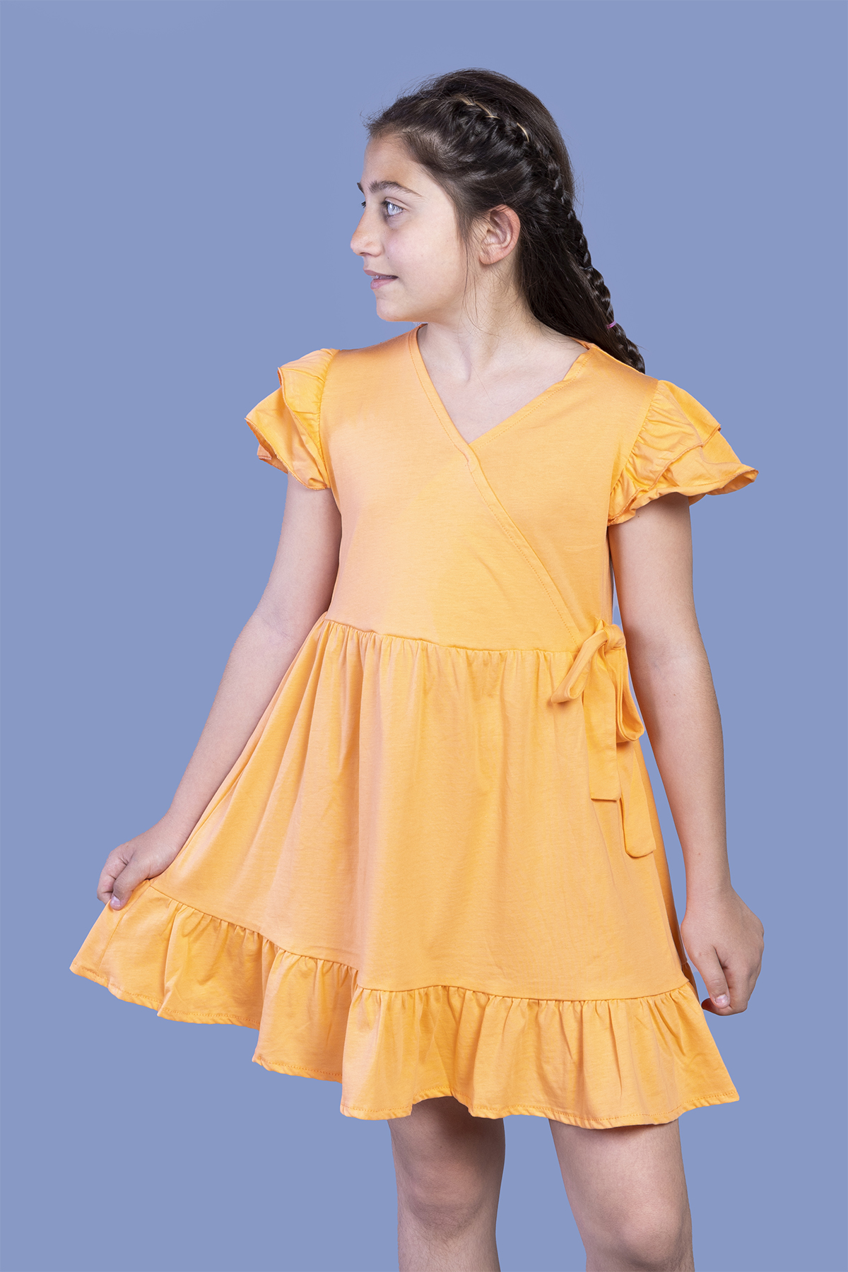 Toontoy Kız Çocuk Yandan Bağlama Detaylı Kruvaze Elbise