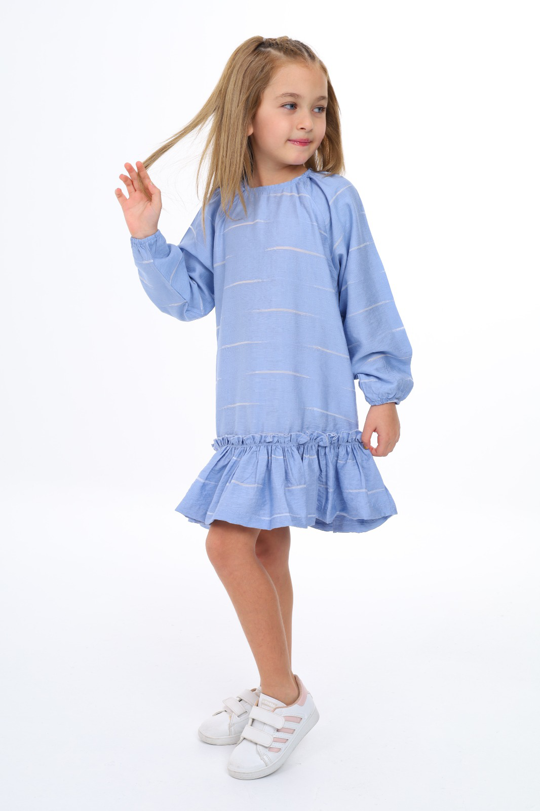 Toontoy Kız Çocuk Reglan Kol Fırfır Büzgülü Elbise