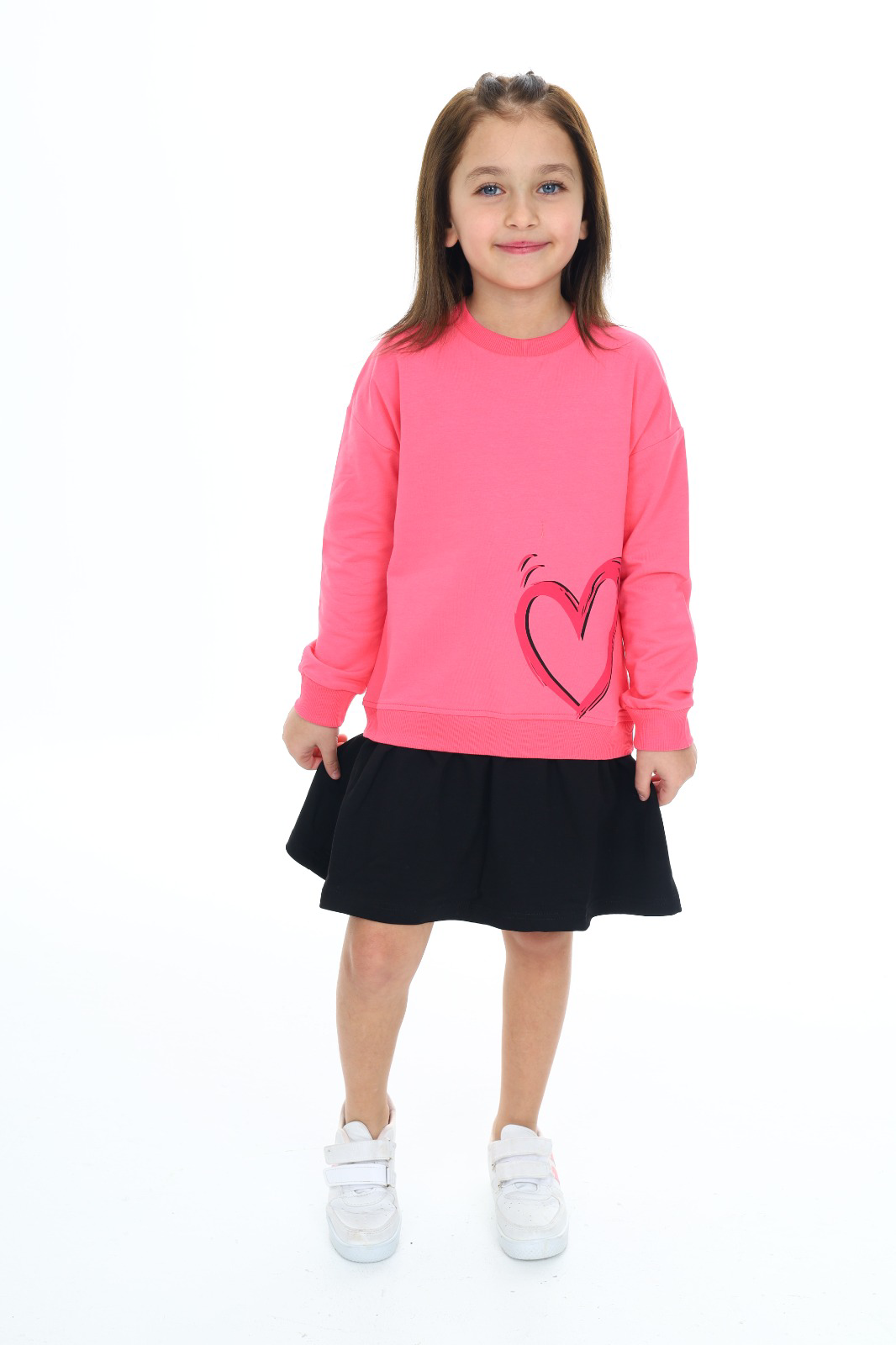 Toontoy Kız Çocuk  Eteği Kadife Kalp Baskılı Elbise