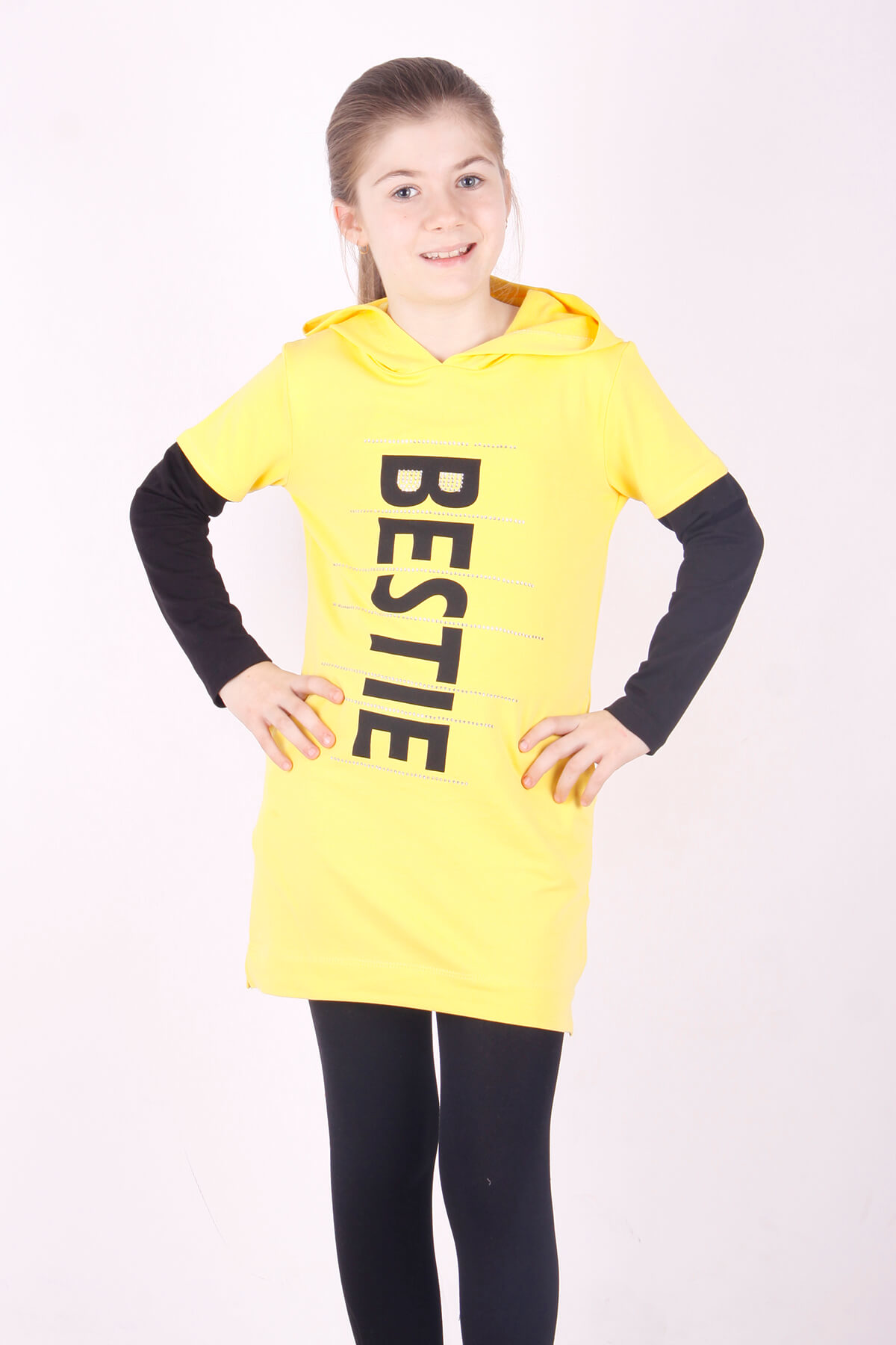 Toontoy Kız Çocuk Bestie Baskılı Kapşonlu Elbise