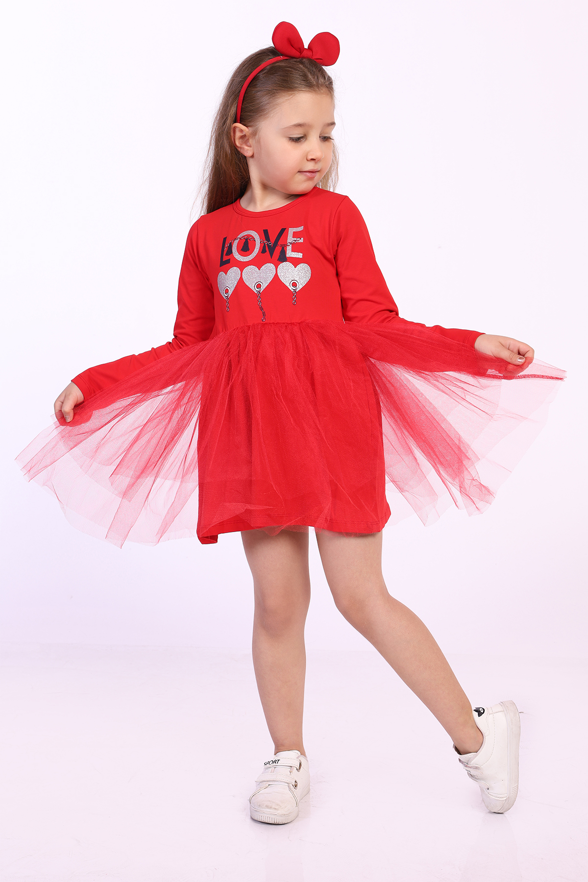 Toontoy Kız Çocuk Love Kalp Baskılı Elbise