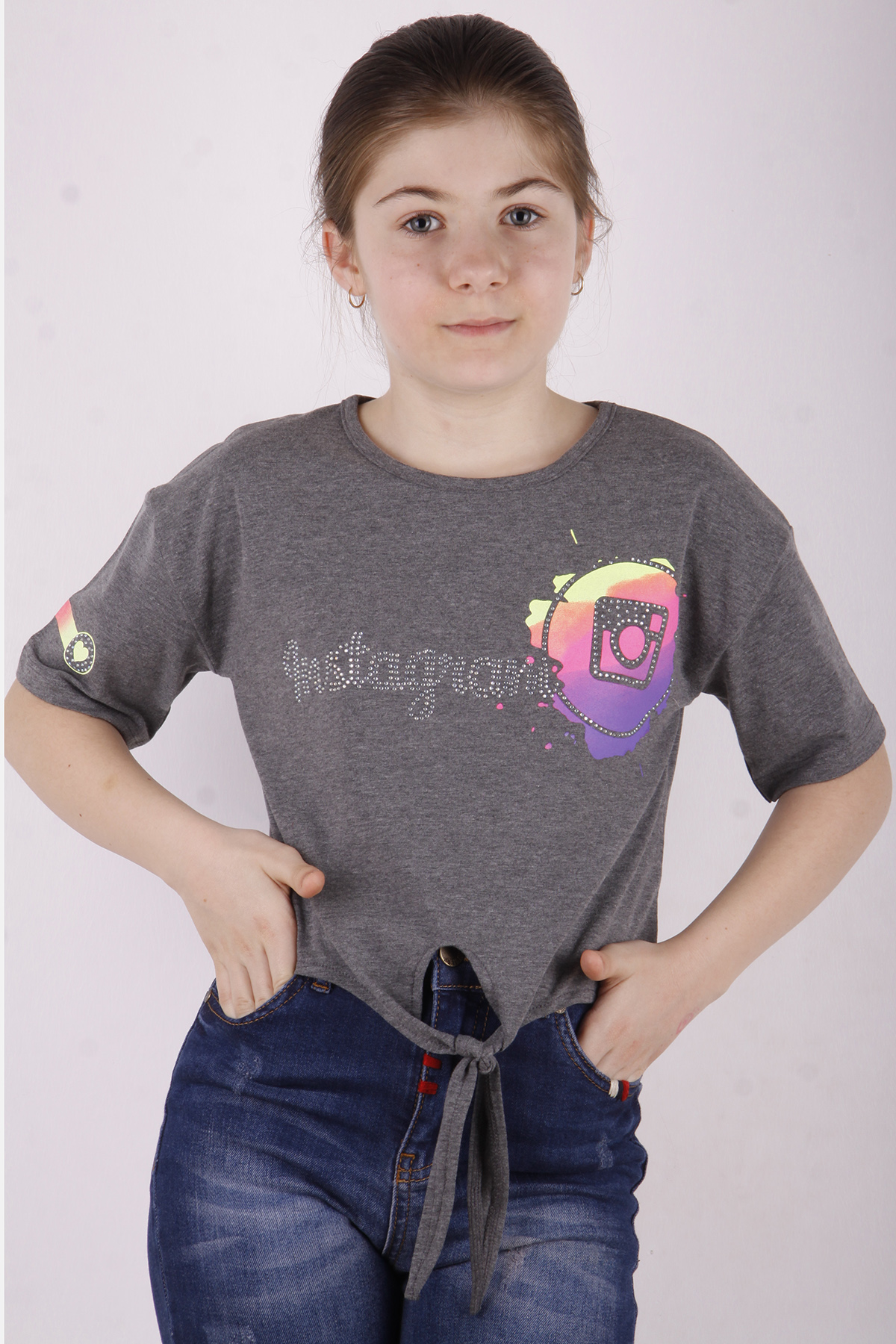 Toontoy Kız Çocuk Instagram Baskılı Göbekten Bağlamalı Tişört