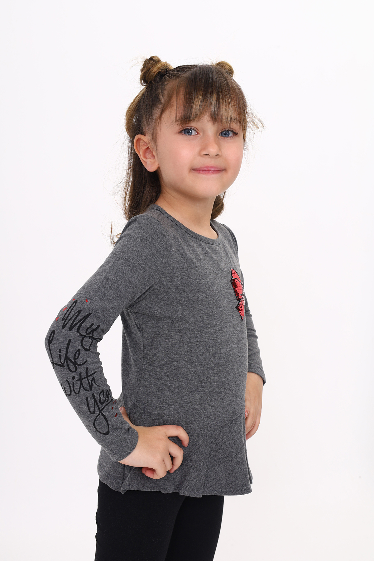 Toontoy Kız Çocuk Göğsü Pullu Fiyonklu Nakışlı T-Shirt