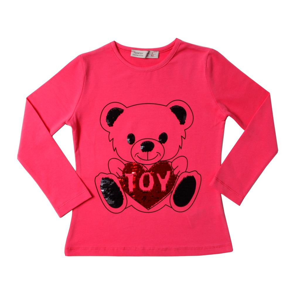 Toontoy Kız Çocuk T-Shirt Ayıcık Baskı Pul Nakış