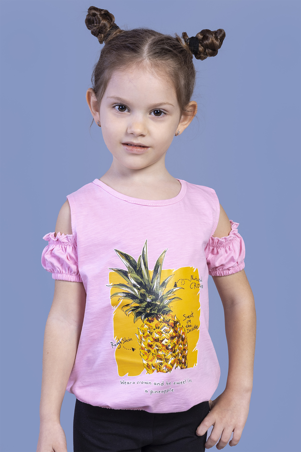 Toontoy  Kiz Çocuk Kollari Detayli  Ananas Baskili Tişört