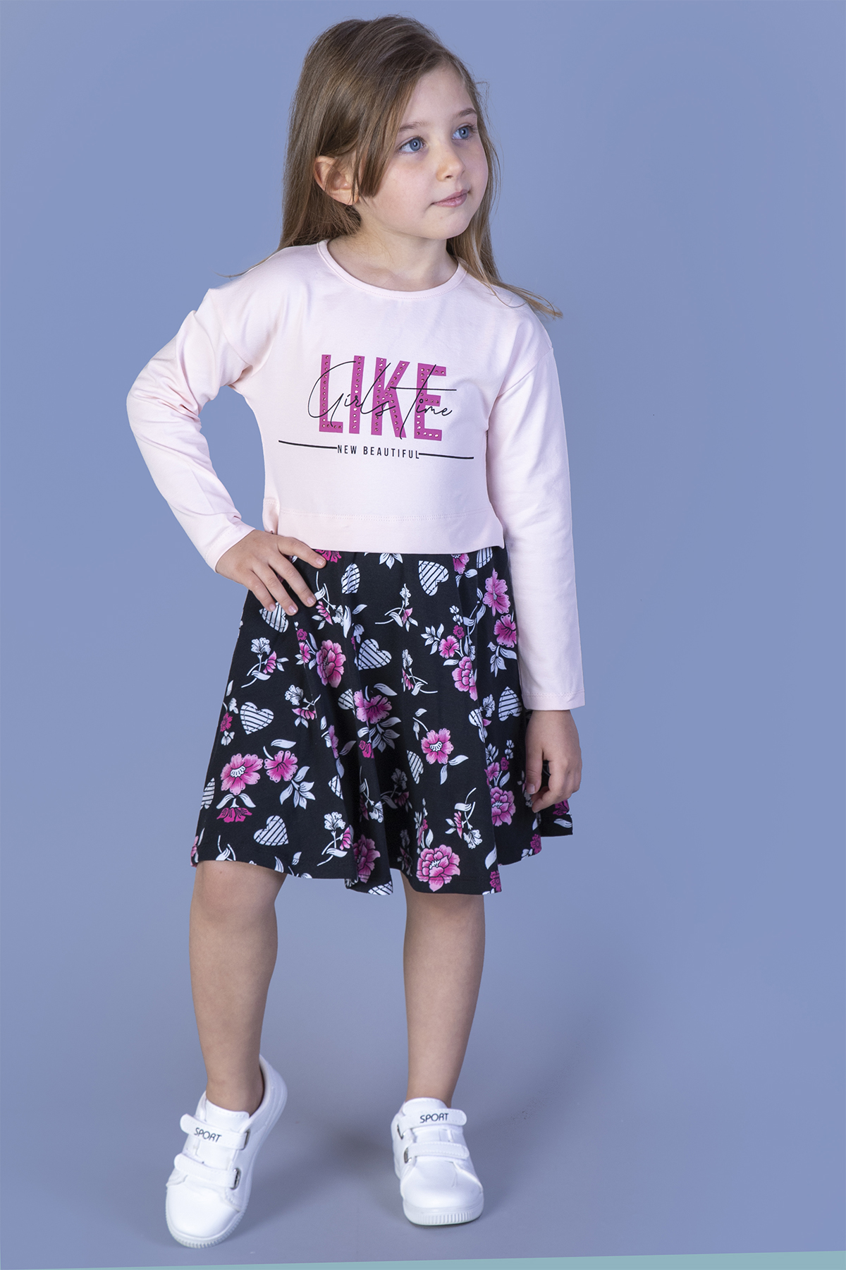 Toontoy Kız Çocuk Lıke Baskılı Eteği Desenli Elbise