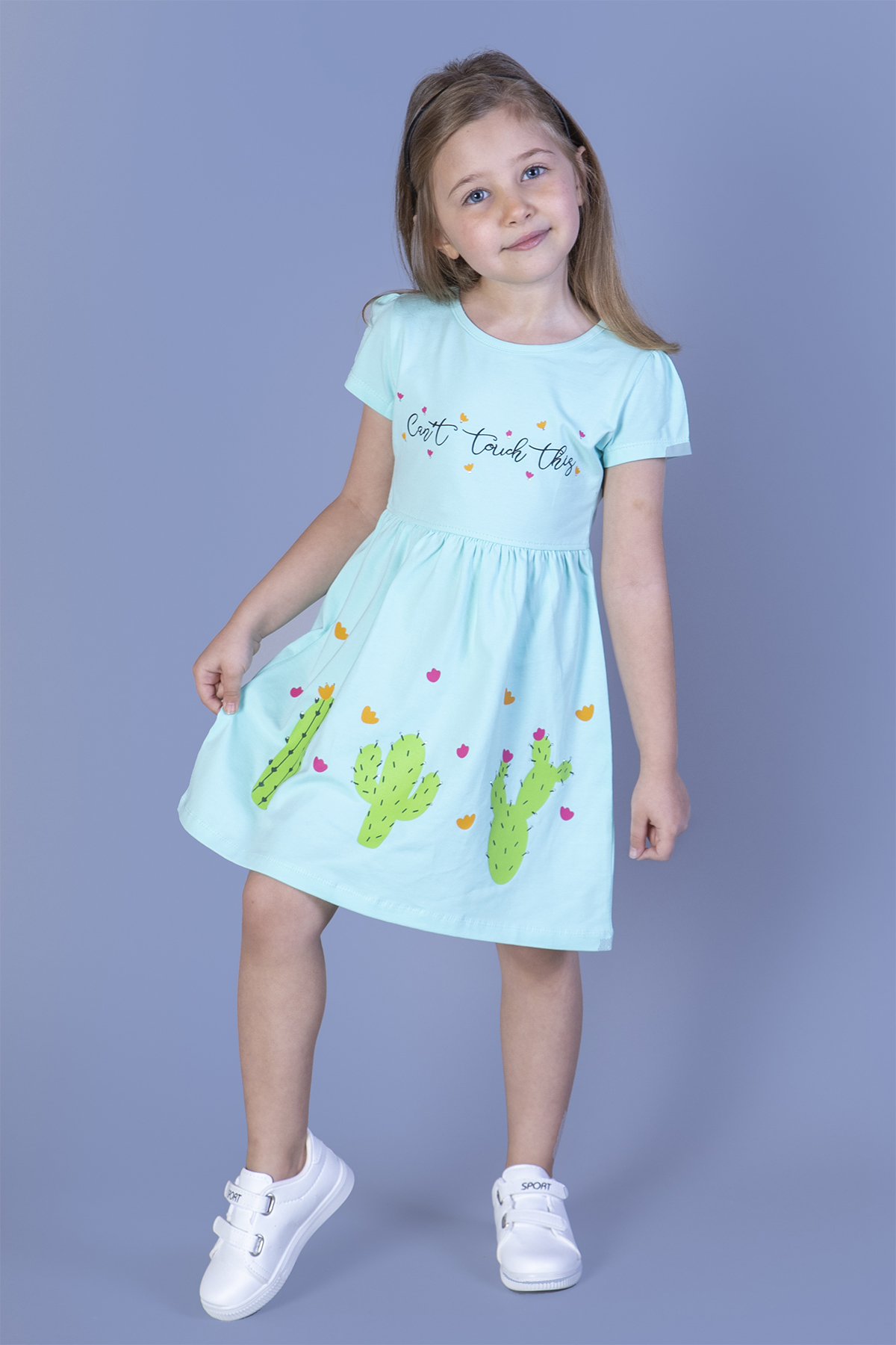 Toontoy Kız Çocuk Kaktüs Baskılı Büzgülü Elbise