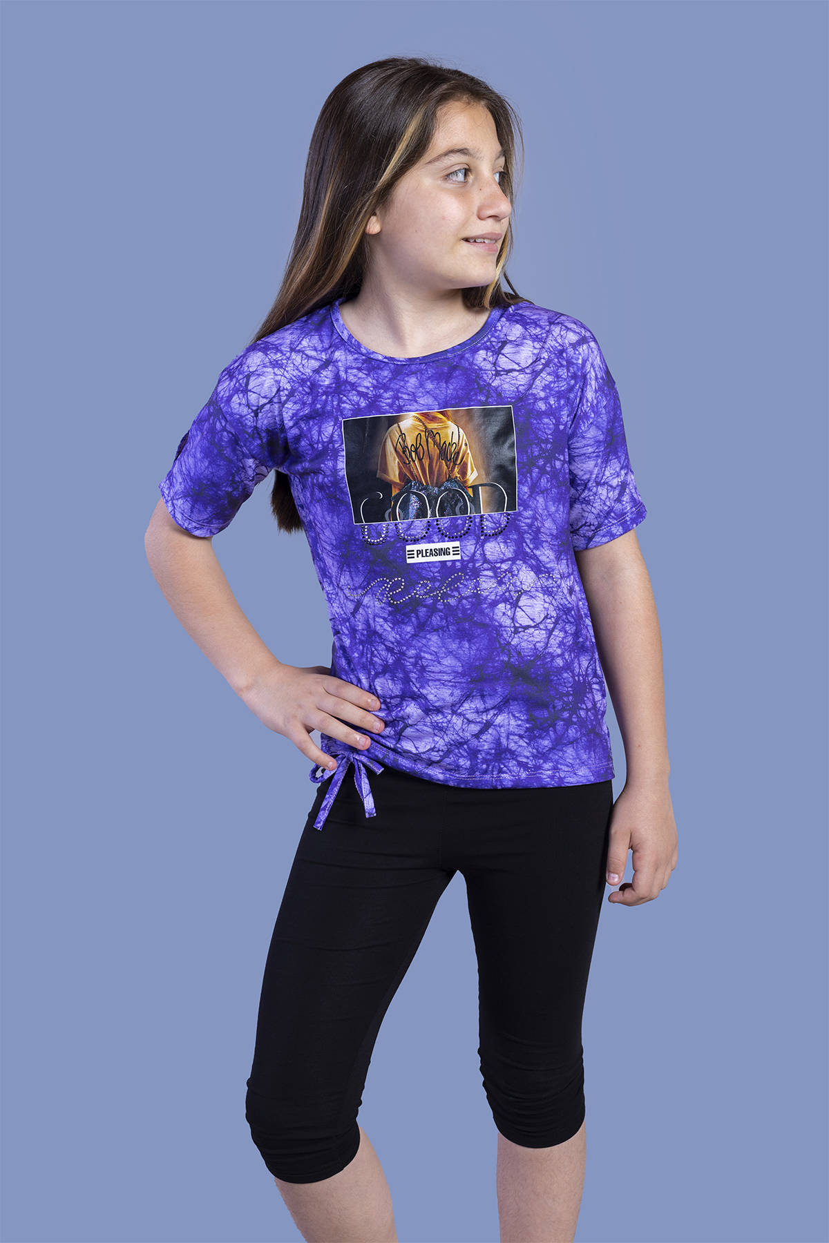 Toontoy Kız Çocuk Göğsü Çiçek Yazı Baskılı Taytlı Takım