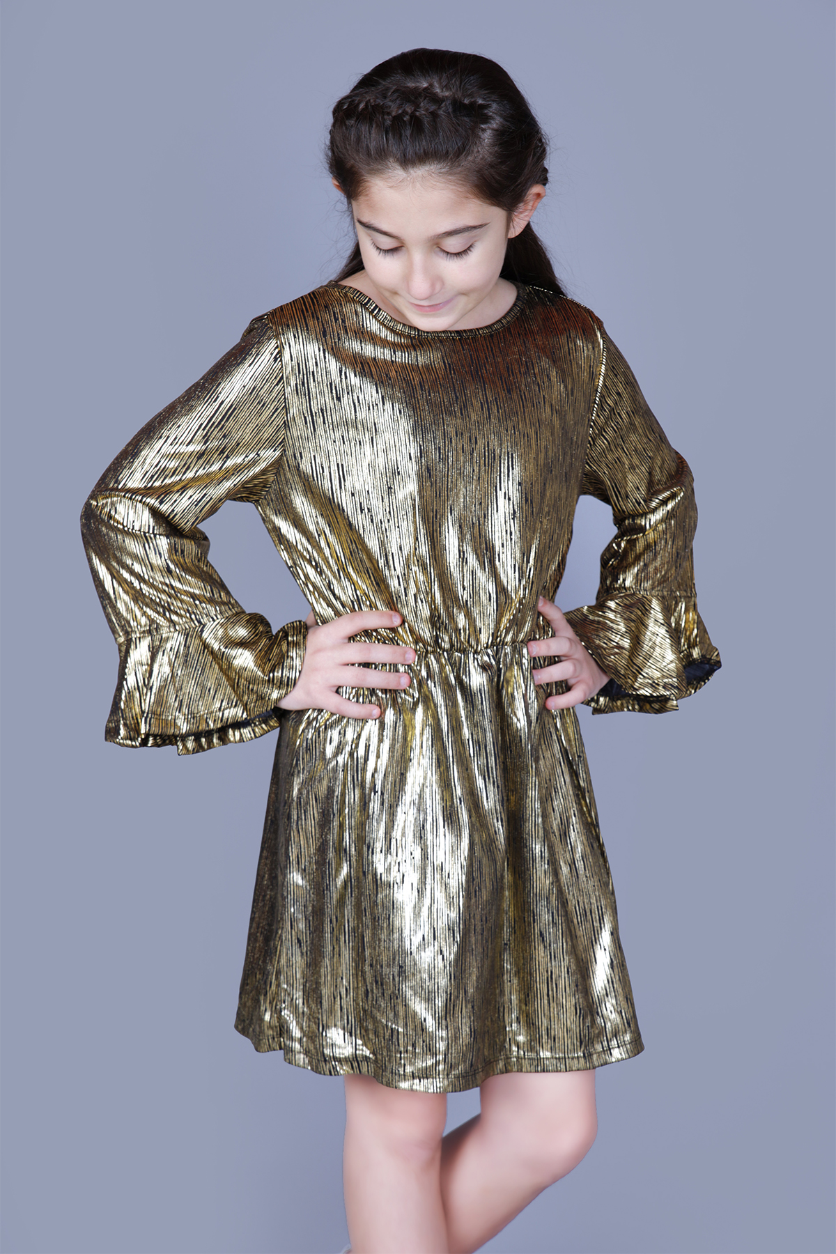 Toontoy Kız Çocuk Kol Ucu Volanlı Elbise