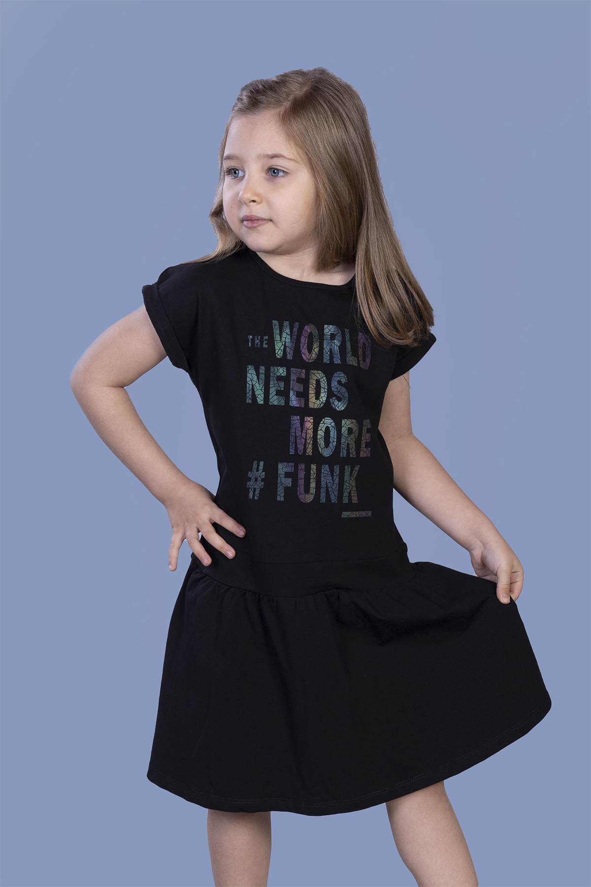 Toontoy Kız Çocuk Renkli Yazı Baskılı Büzgü Detaylı Elbise