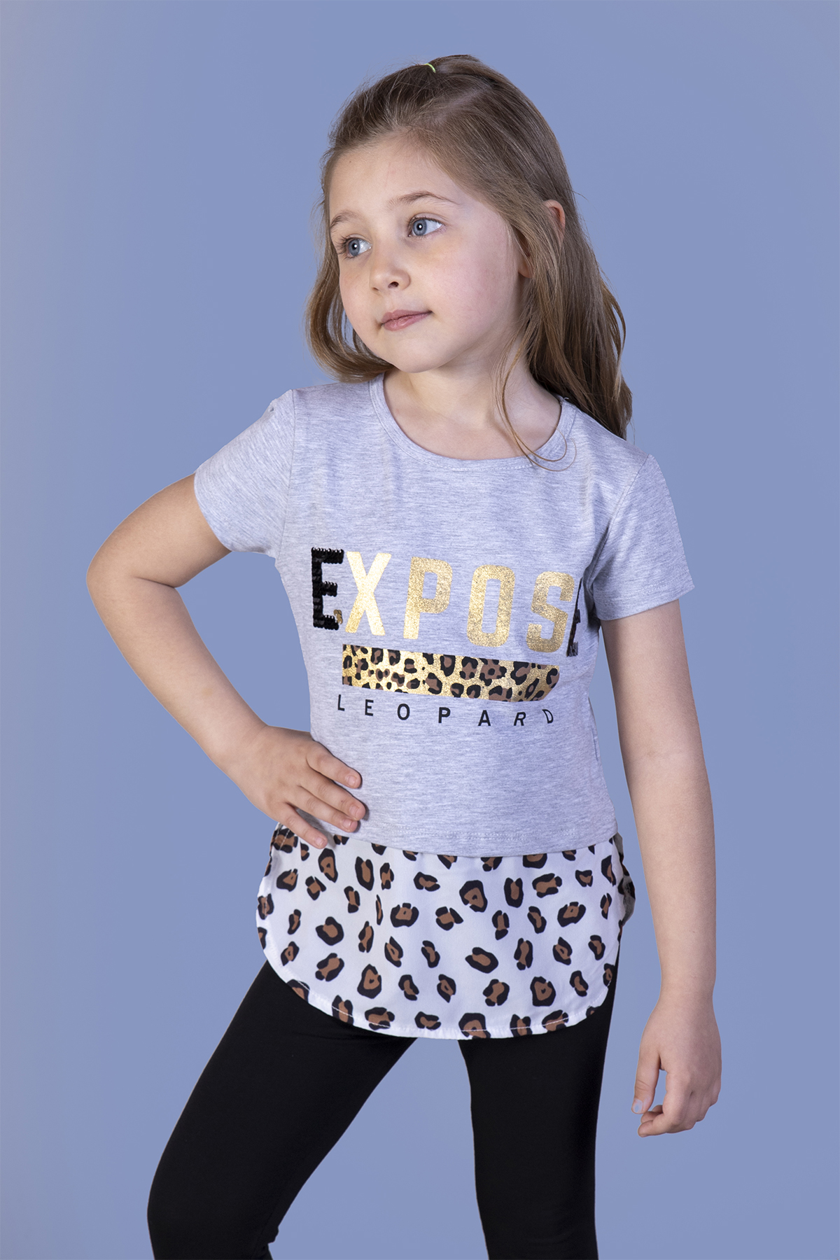 Toontoy Kız Çocuk Leopar Desenli Poplin Detaylı Tişört