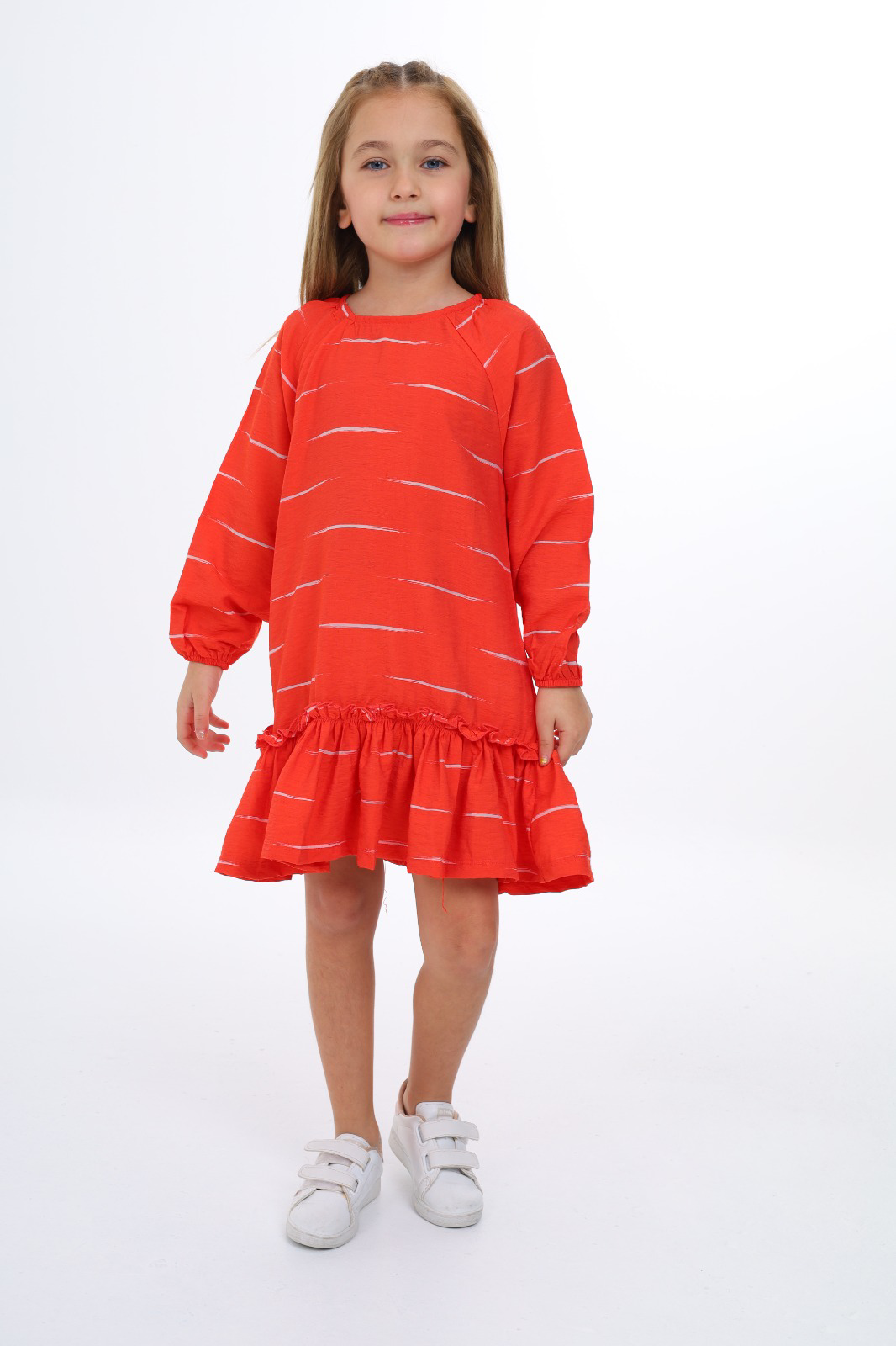 Toontoy Kız Çocuk Reglan Kol Fırfır Büzgülü Elbise