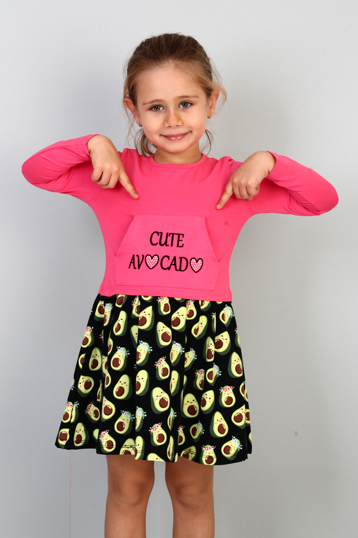 Toontoy Kız Çocuk Cute Avocado Naskışlı Eteği Desenli Elbise