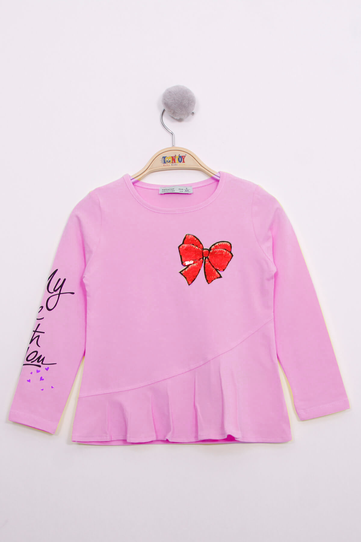 Toontoy Kız Çocuk Göğsü Pullu Fiyonklu Nakışlı T-Shirt