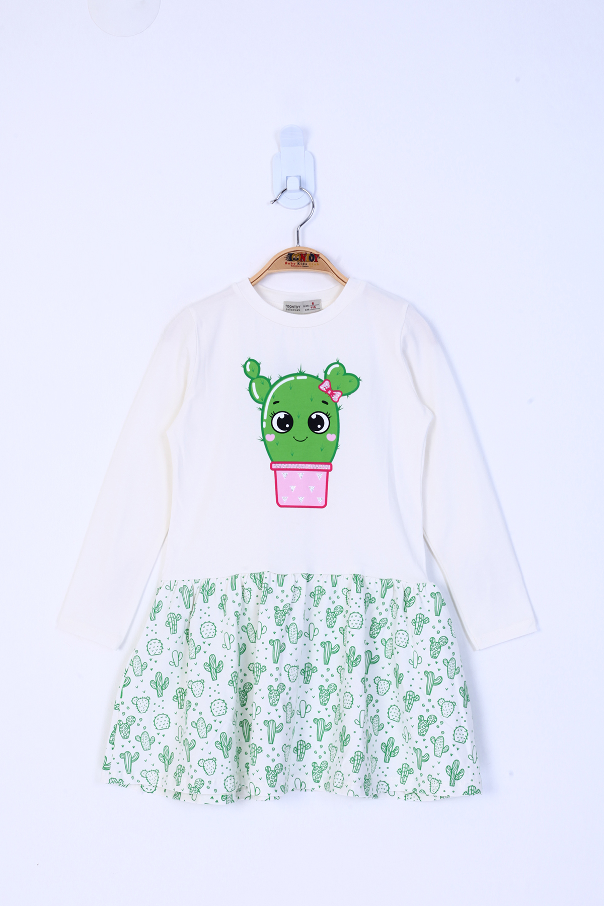 Toontoy Kız Çocuk Bisiklet Yaka Etek Volanlı Kaktüs Baskılı Elbis