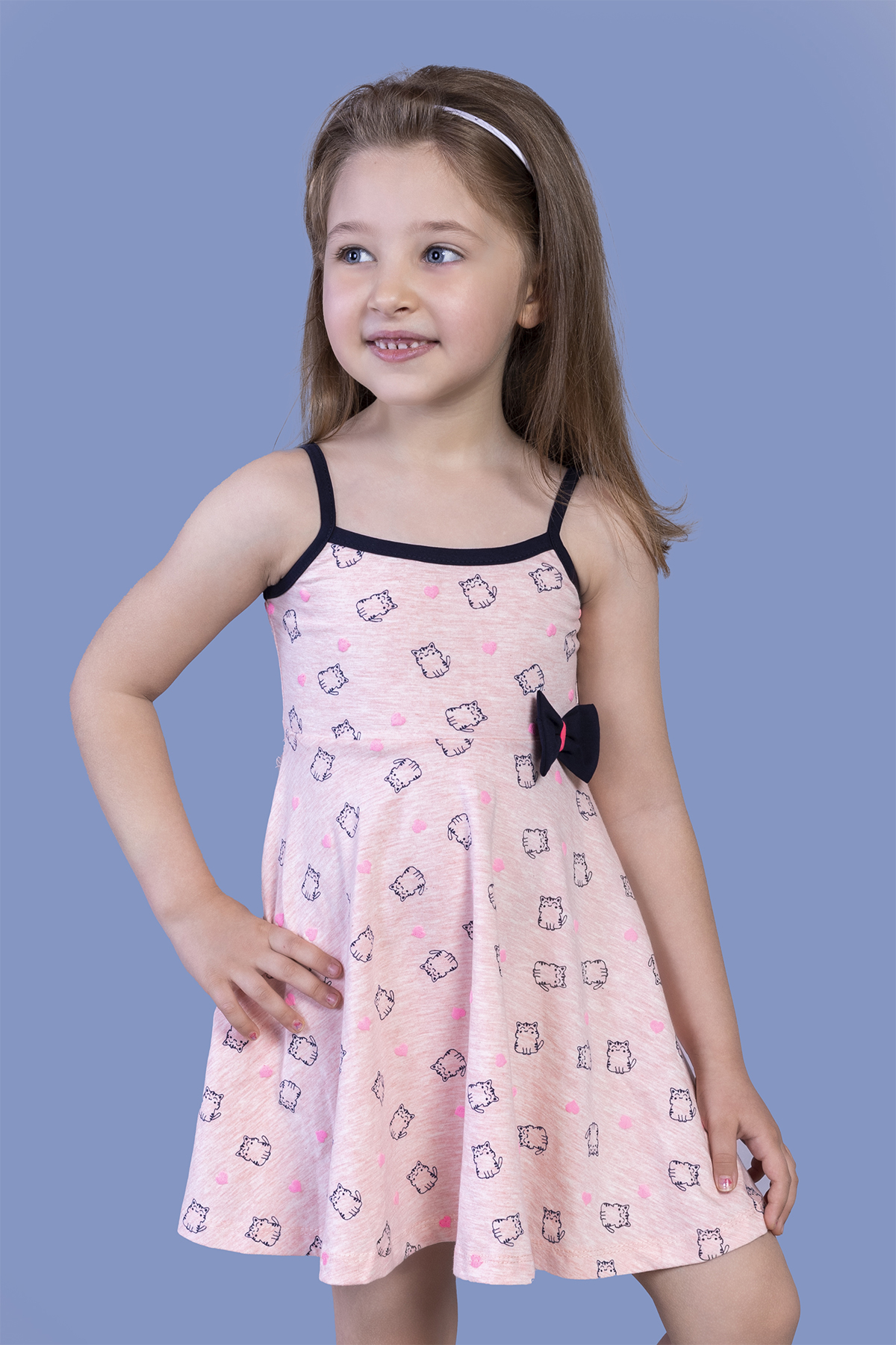Toontoy Kız Çocuk Kedi Desenli Fiyonk Detaylı Volanlı Elbise