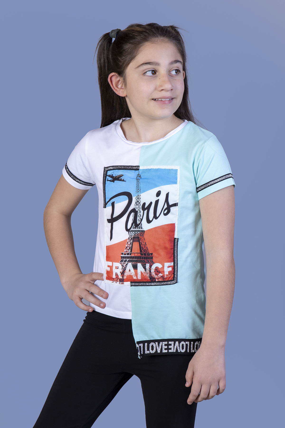 Toontoy Kız Çocuk Paris Baskılı Şeritli Tişört