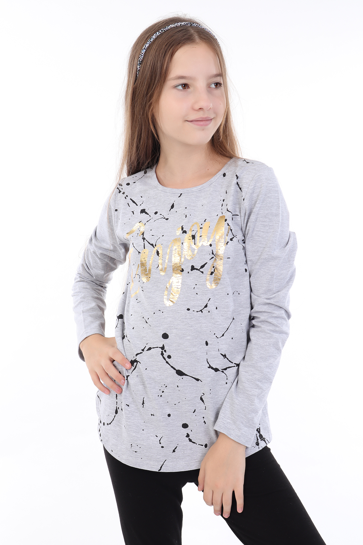 Toontoy Kız Çocuk Varaklı Enjoy Baskılı T-Shirt