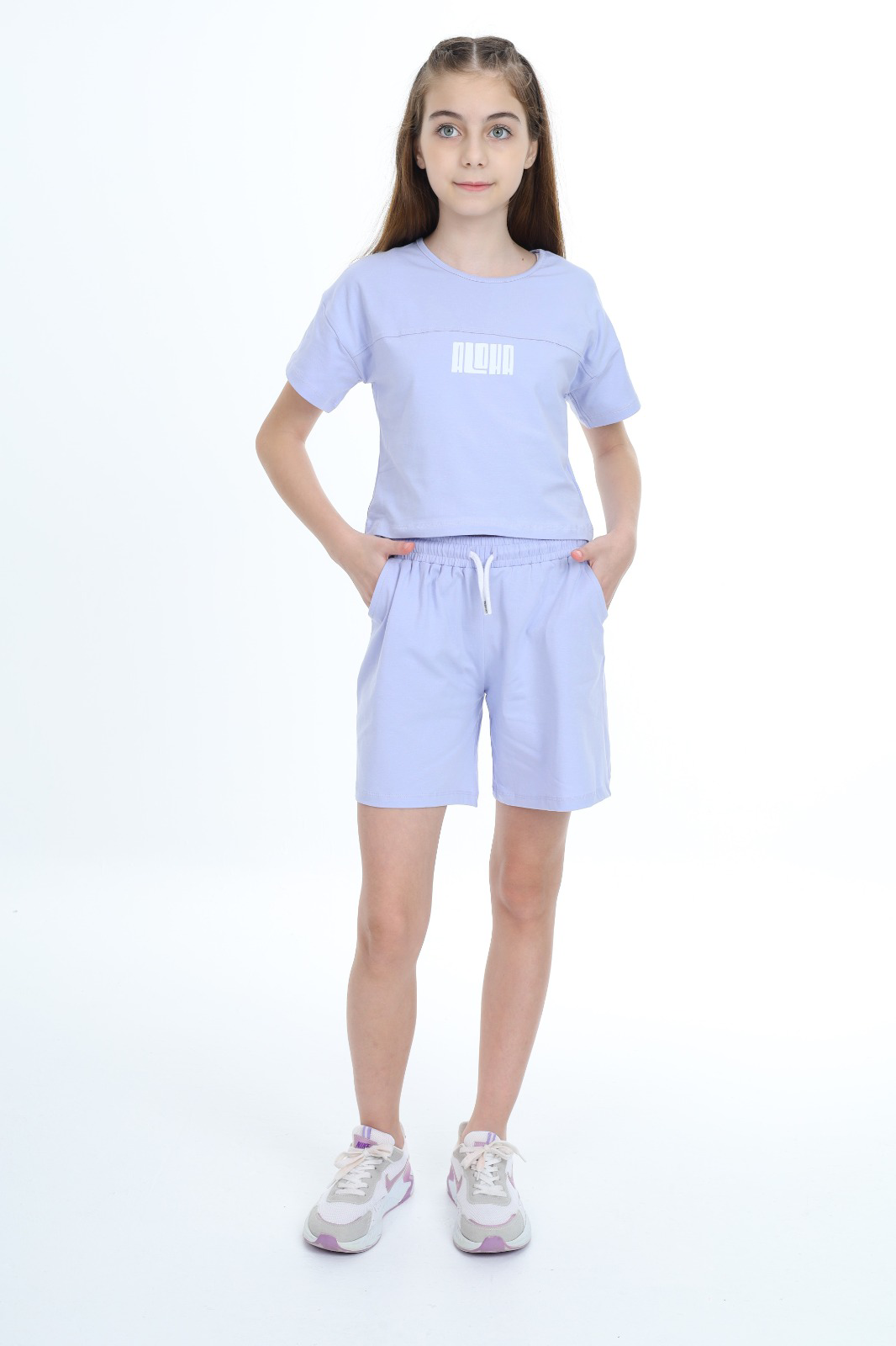 Toontoy  Kız Çocuk Crop Aloha Yazı Baskılı Şortlu Takım