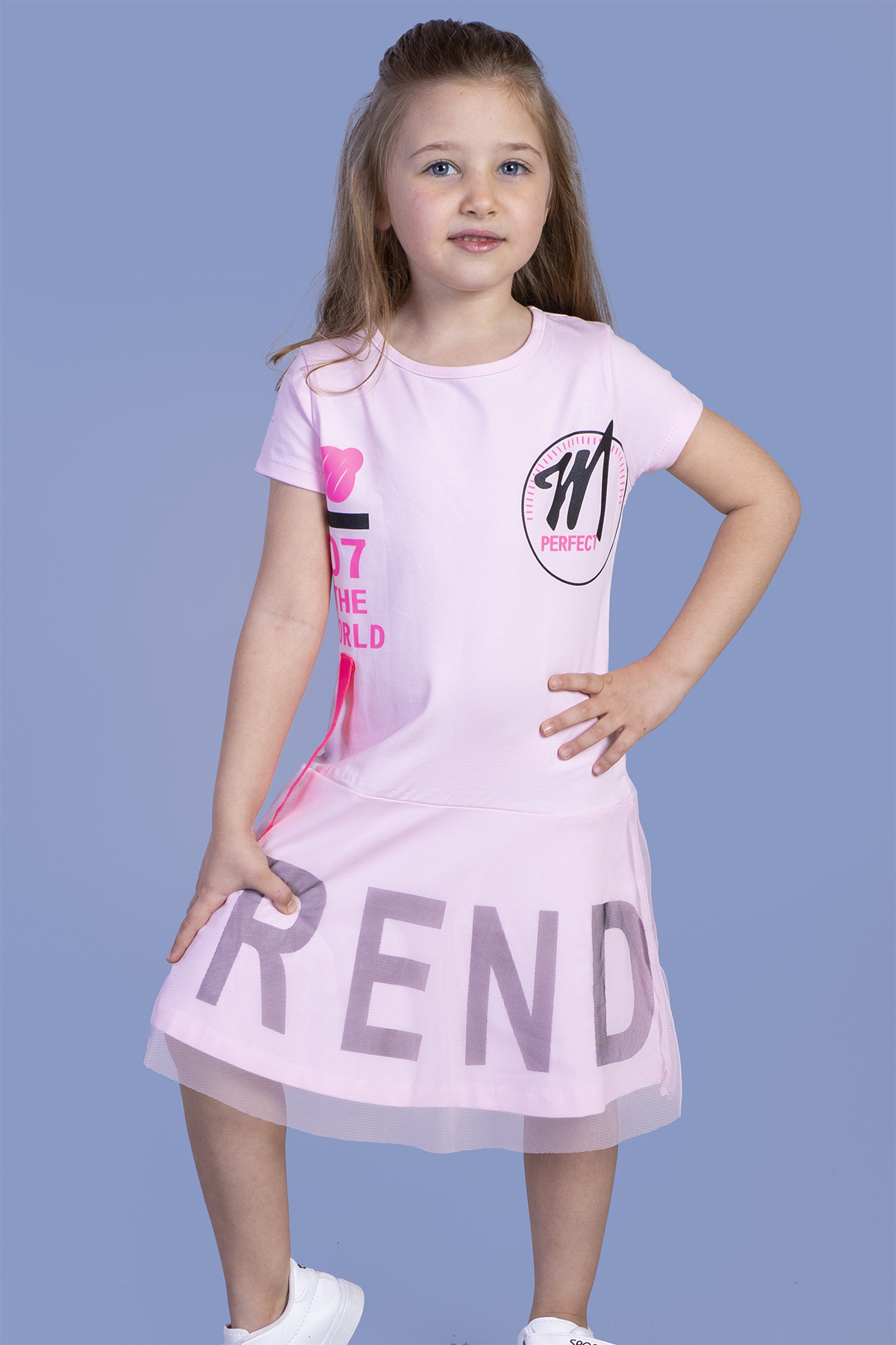 Toontoy Kız Çocuk Tülü Trend Baskılı Şerit Detaylı Elbise