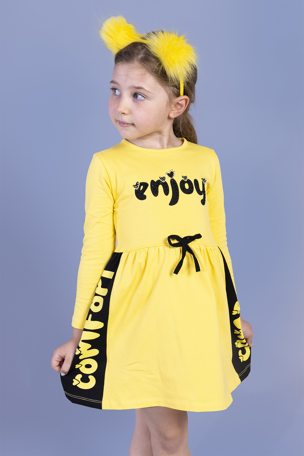 Toontoy Kız Çocuk Taş İşlemeli Enjoy Baskılı Elbise
