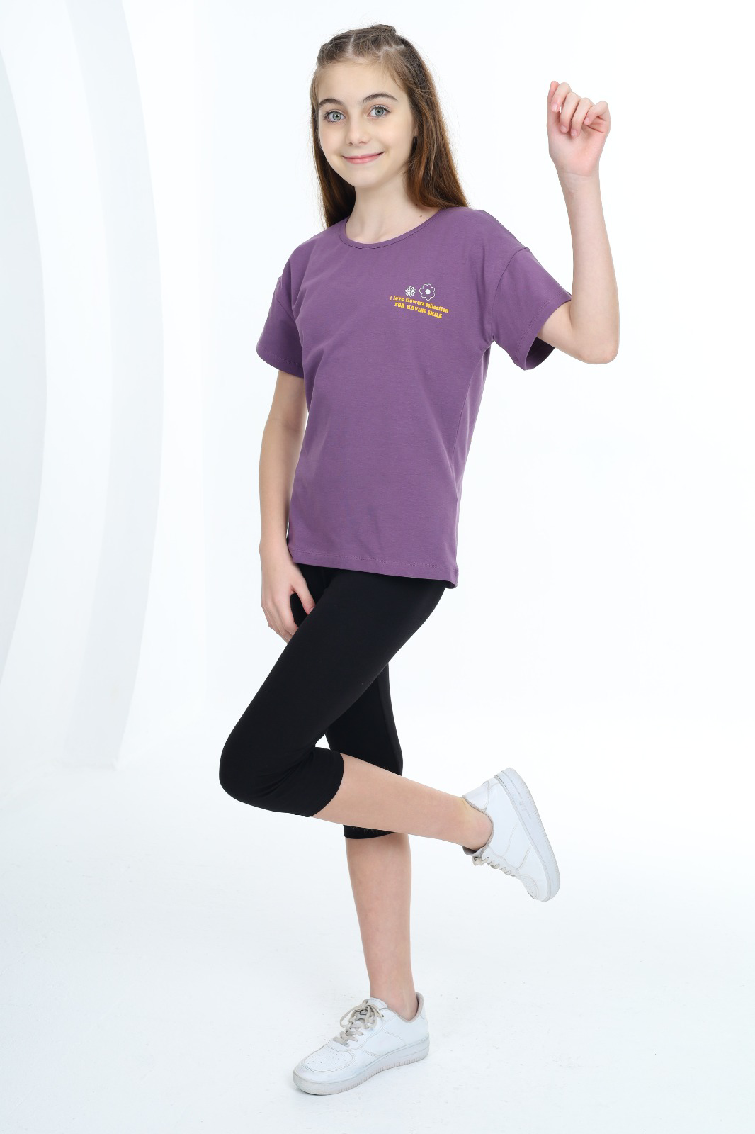 Toontoy Kız Çocuk Göğsü Çiçek Yazı Baskılı Taytlı Takım