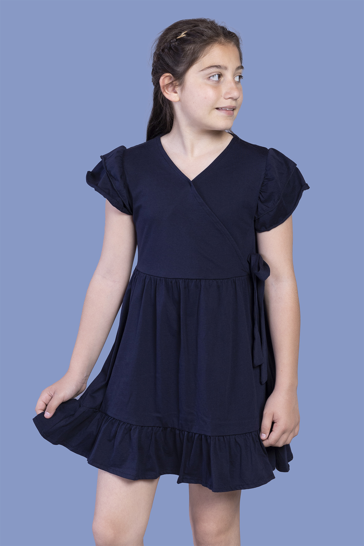 Toontoy Kız Çocuk Yandan Bağlama Detaylı Kruvaze Elbise