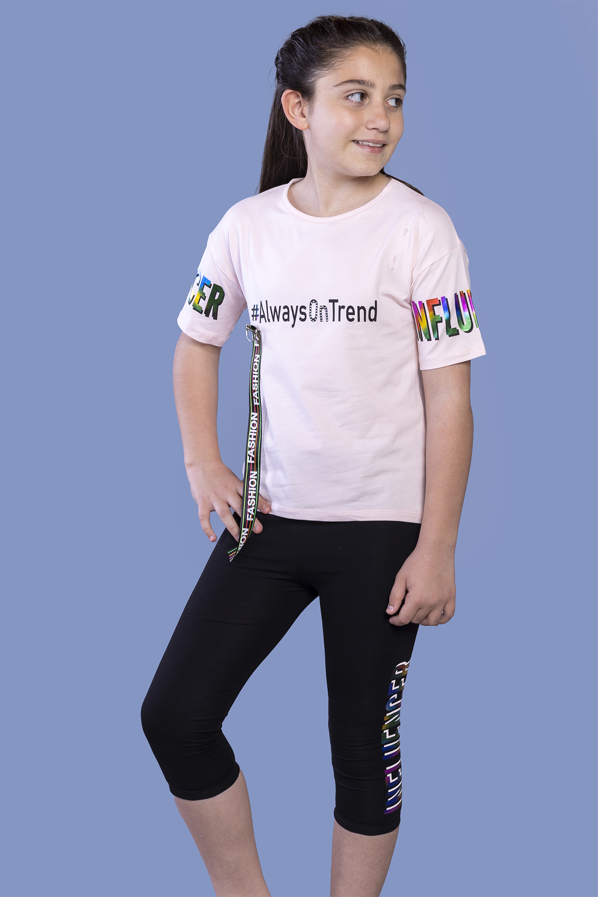 Toontoy  Kız Çocuk Şerit Detaylı Renkli Baskılı Taytlı Takım