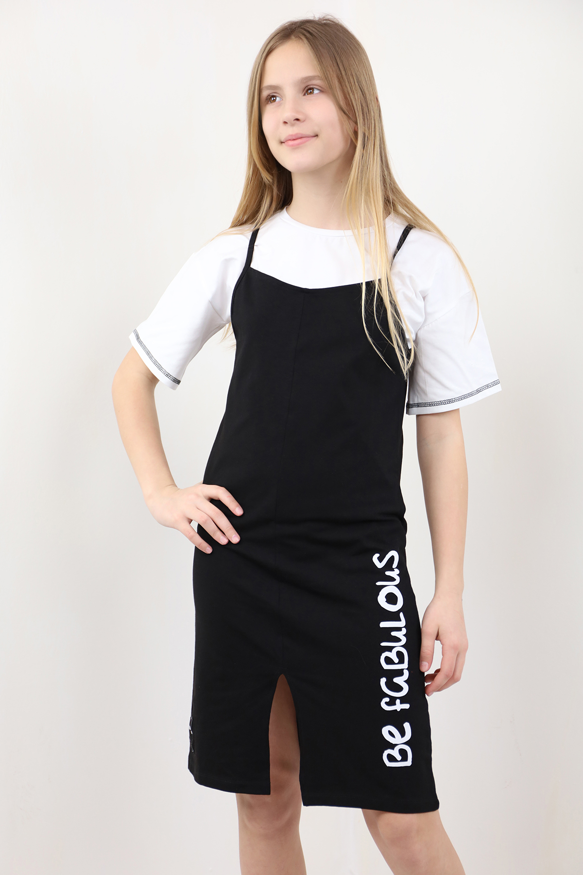 Toontoy Kız Çocuk Baskılı Eteği Büzgülü Düşük Kol Elbise