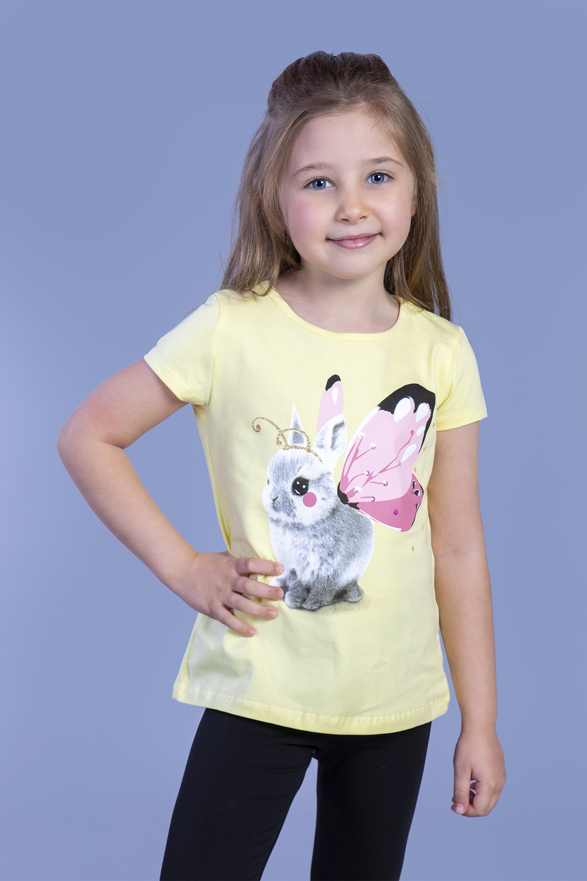 Toontoy Kız Çocuk Tavşan Baskılı Pul İşlemeli Tişört
