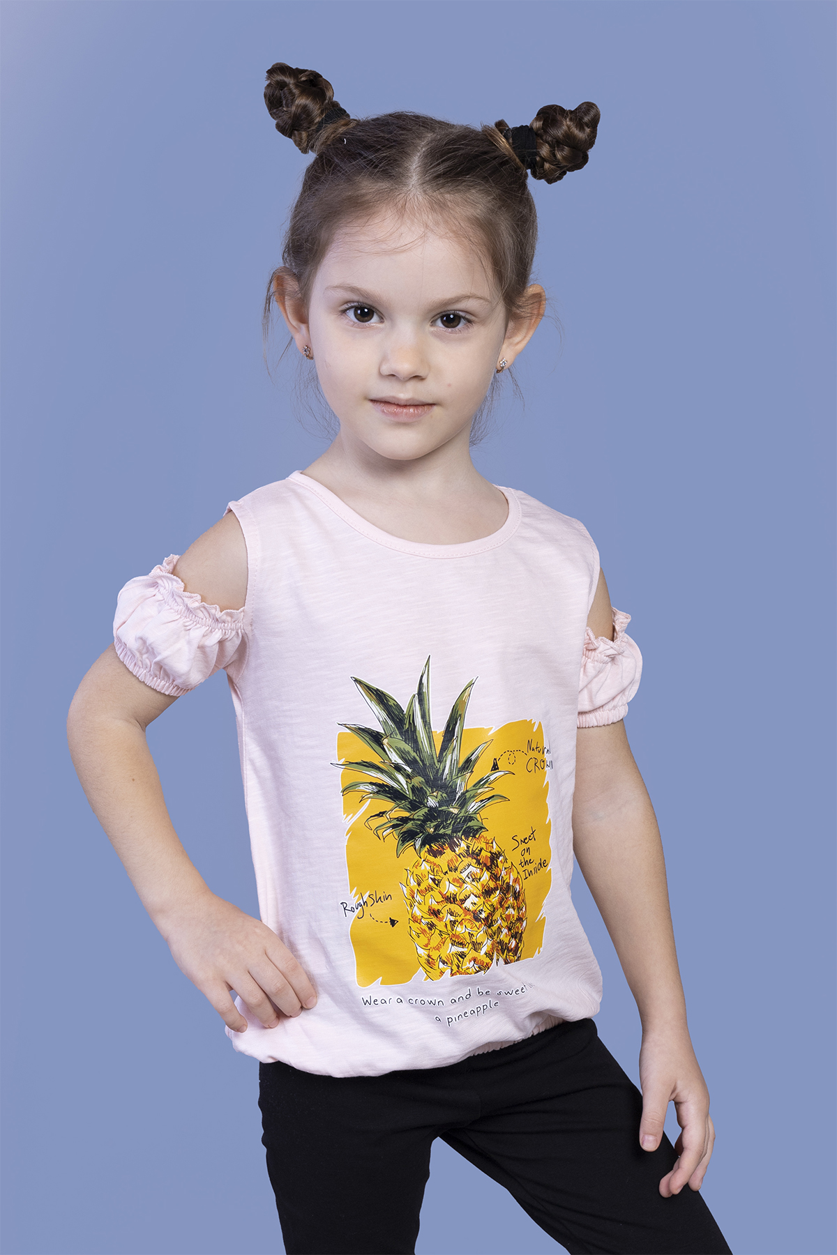 Toontoy  Kiz Çocuk Kollari Detayli  Ananas Baskili Tişört