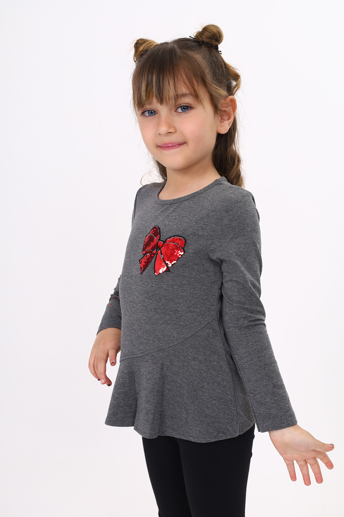 Toontoy Kız Çocuk Göğsü Pullu Fiyonklu Nakışlı T-Shirt