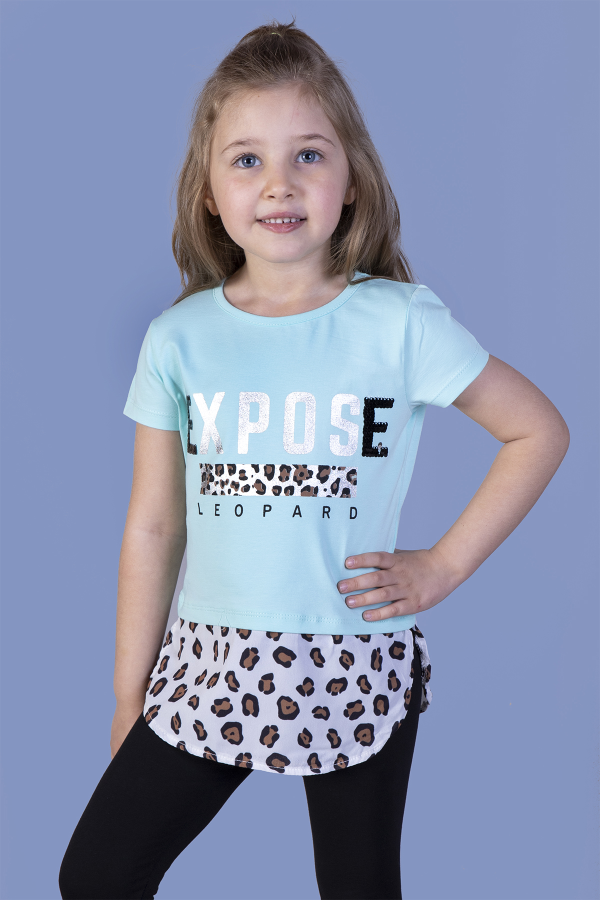 Toontoy Kız Çocuk Leopar Desenli Poplin Detaylı Tişört