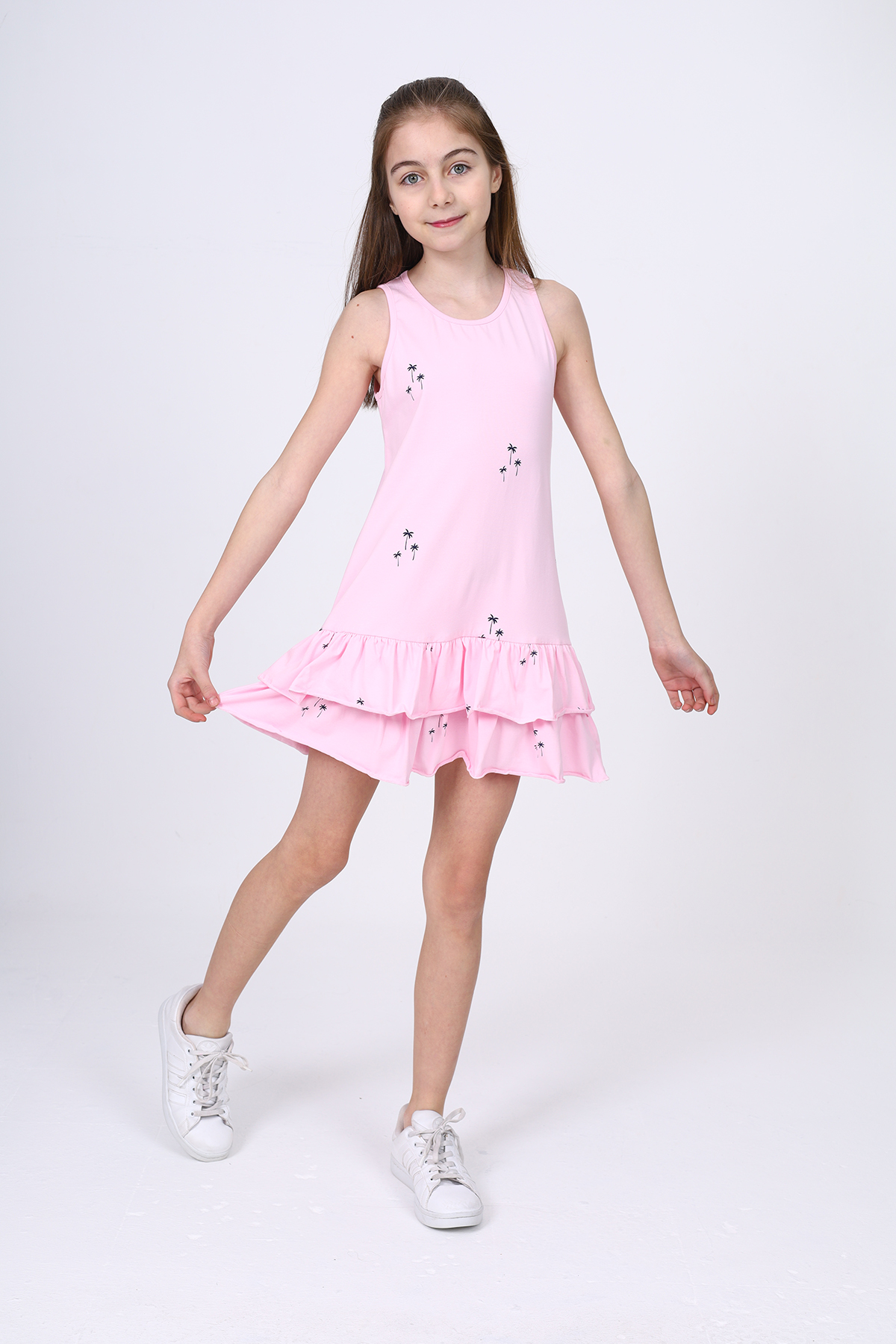 Toontoy Kız Çocuk Fırfırlı Palmiye Ağacı Baskılı Elbise