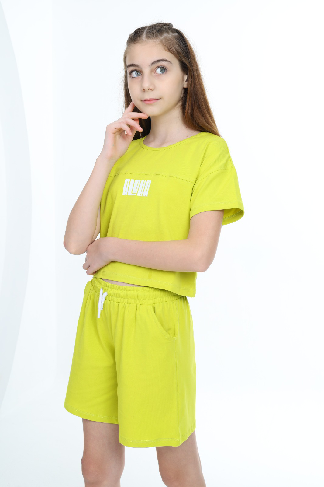 Toontoy  Kız Çocuk Crop Aloha Yazı Baskılı Şortlu Takım