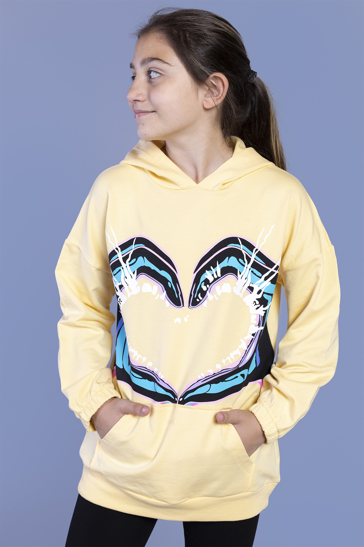 Toontoy Kız Çocuk Kapüşonlu Kanguru Cepli Baskılı Sweatshirt