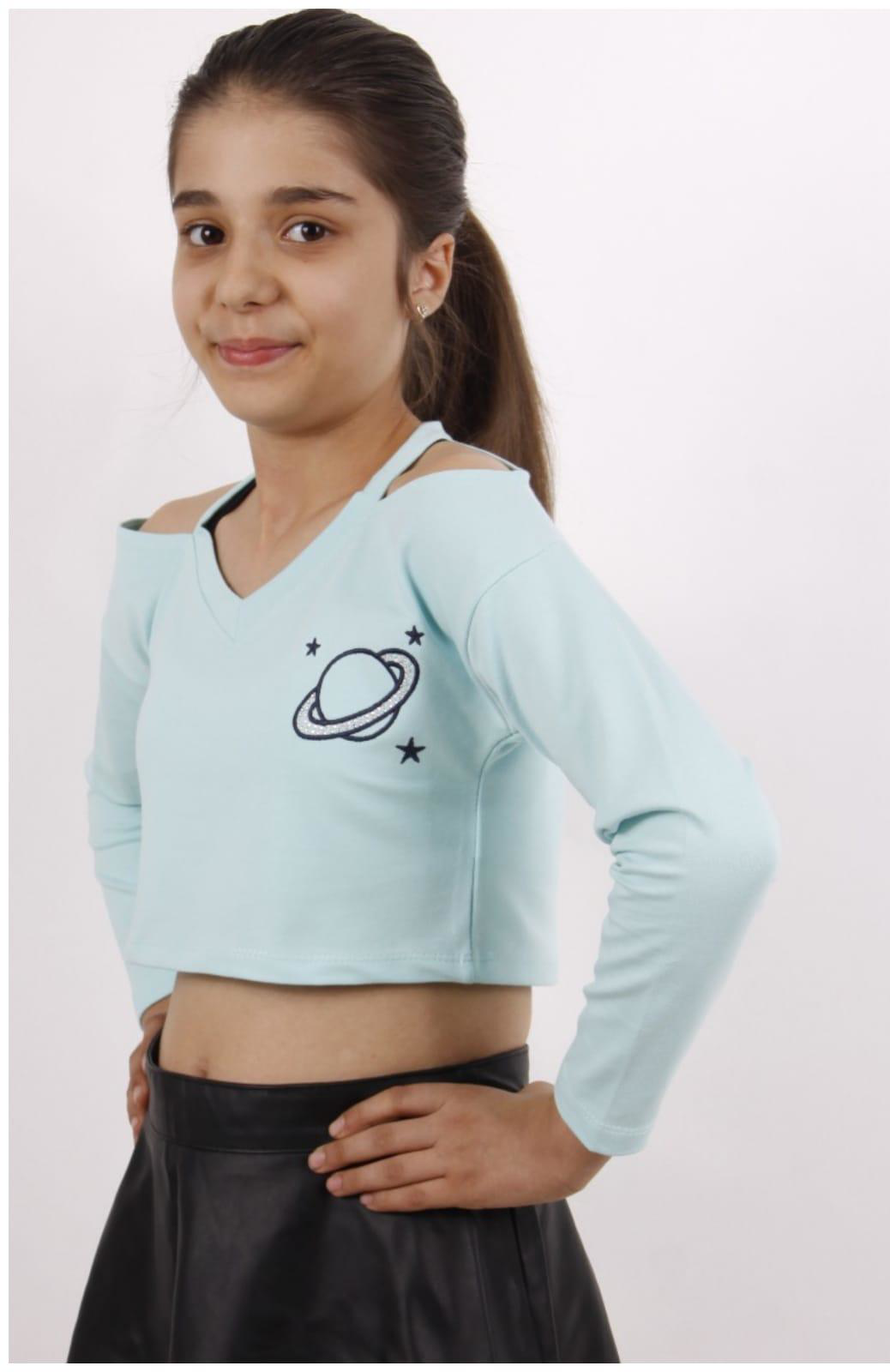 Toontoy Kız Çocuk Gezegen Baskılı Crop Tişört