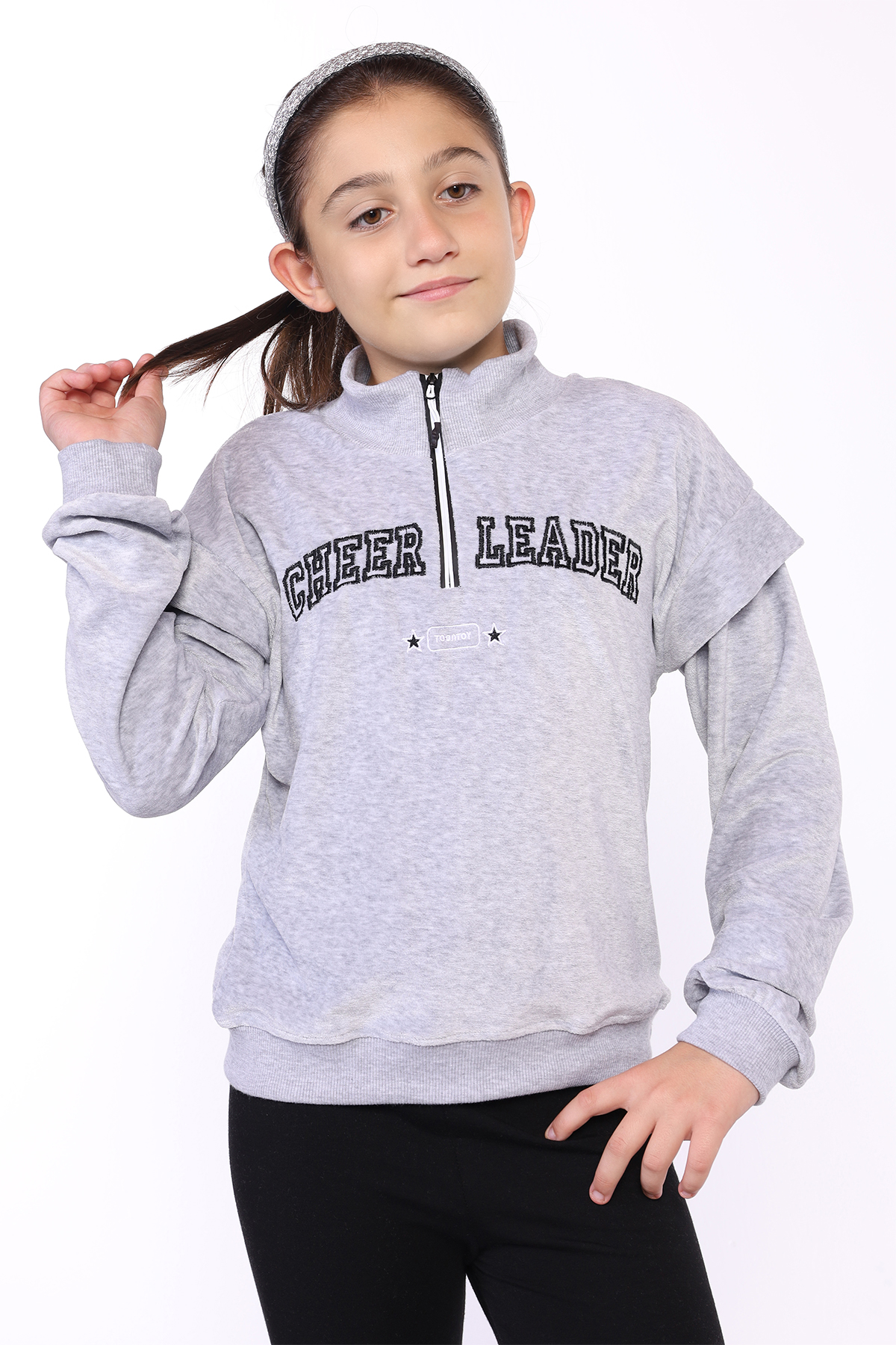 Toontoy Kız Çocuk Fermuar Detaylı Nakışlı Kadife Sweatshirt