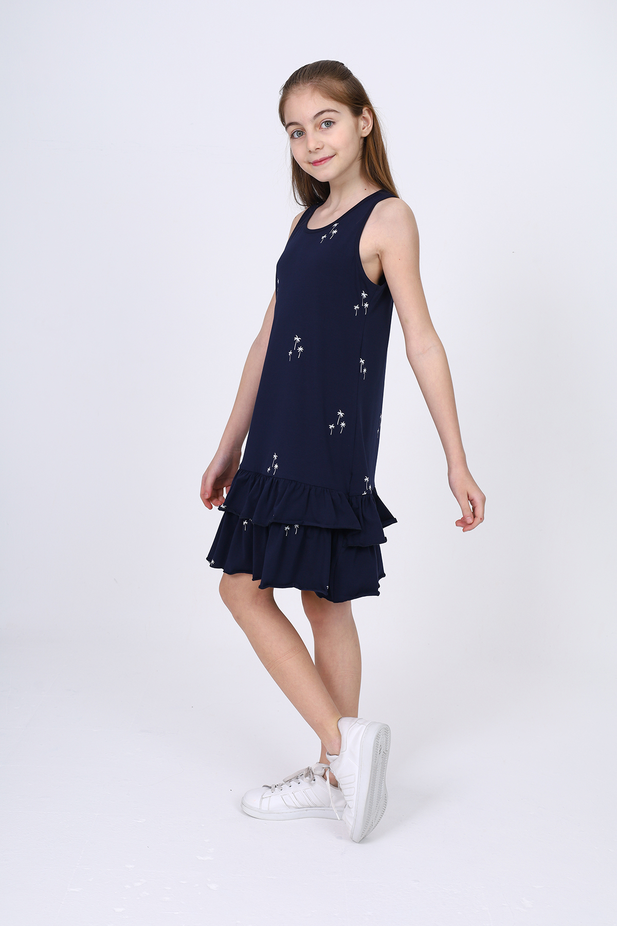 Toontoy Kız Çocuk Fırfırlı Palmiye Ağacı Baskılı Elbise