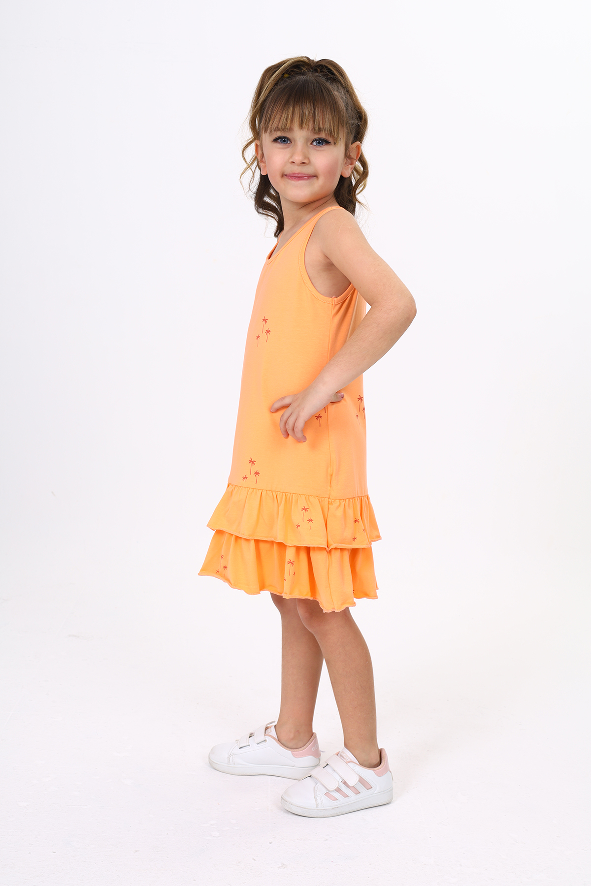 Toontoy Kız Çocuk Fırfırlı Palmiye Ağacı Baskılı Elbise