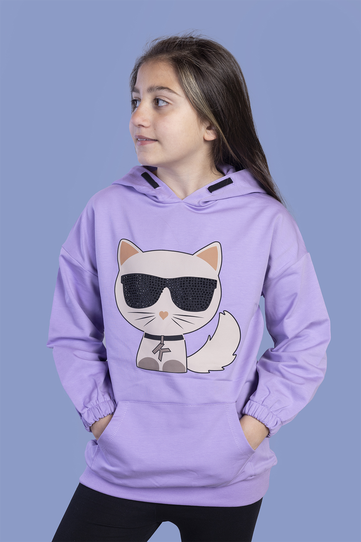 Toontoy Kız Çocuk Kedi Desenli Taş İşlemeli Kanguru Cepli Sweatsh