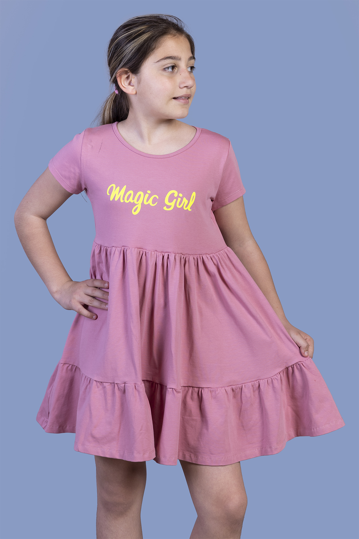 Toontoy Kız Çocuk Büzgü Detaylı Baskılı Elbise