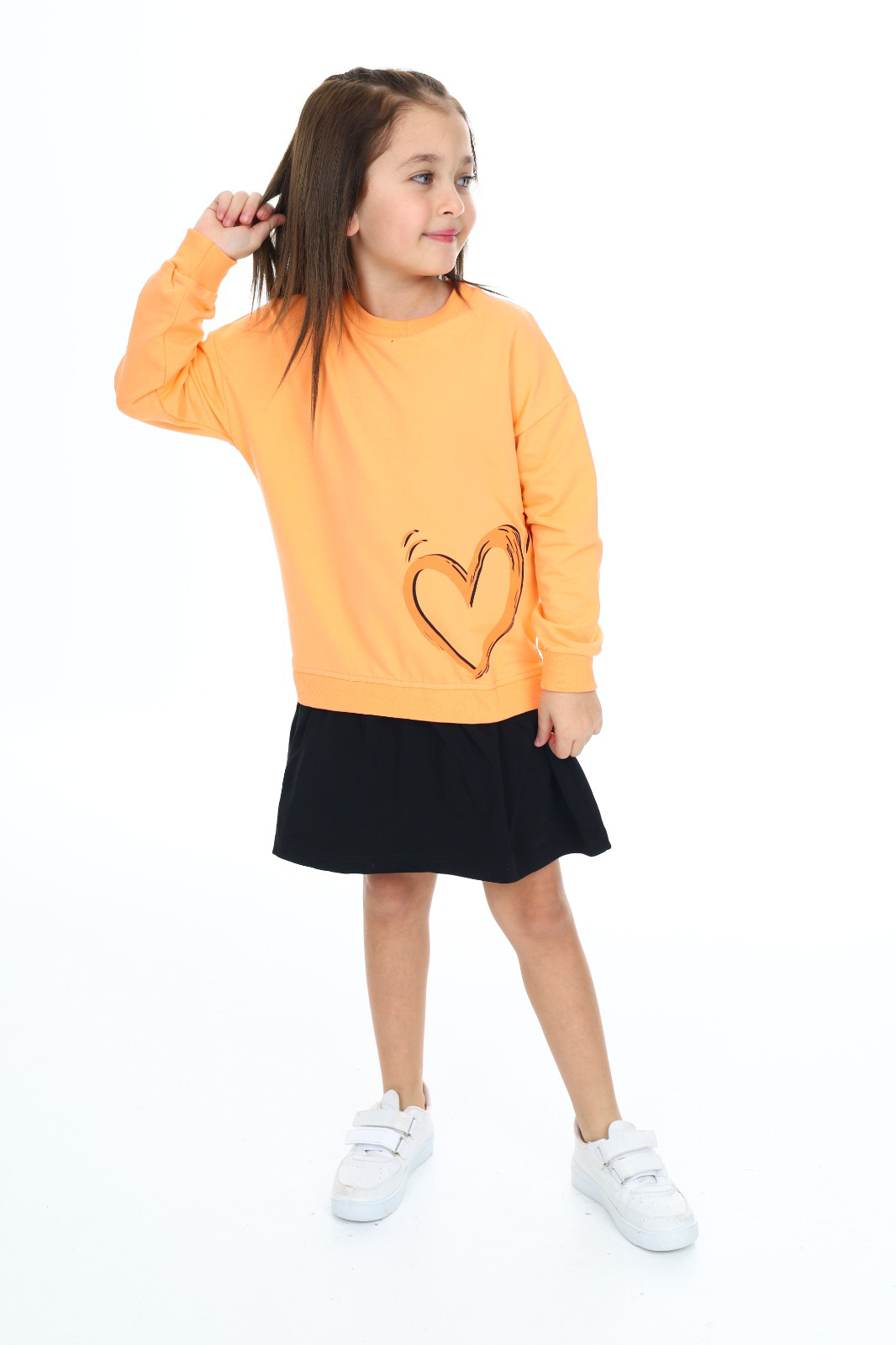 Toontoy Kız Çocuk  Eteği Kadife Kalp Baskılı Elbise