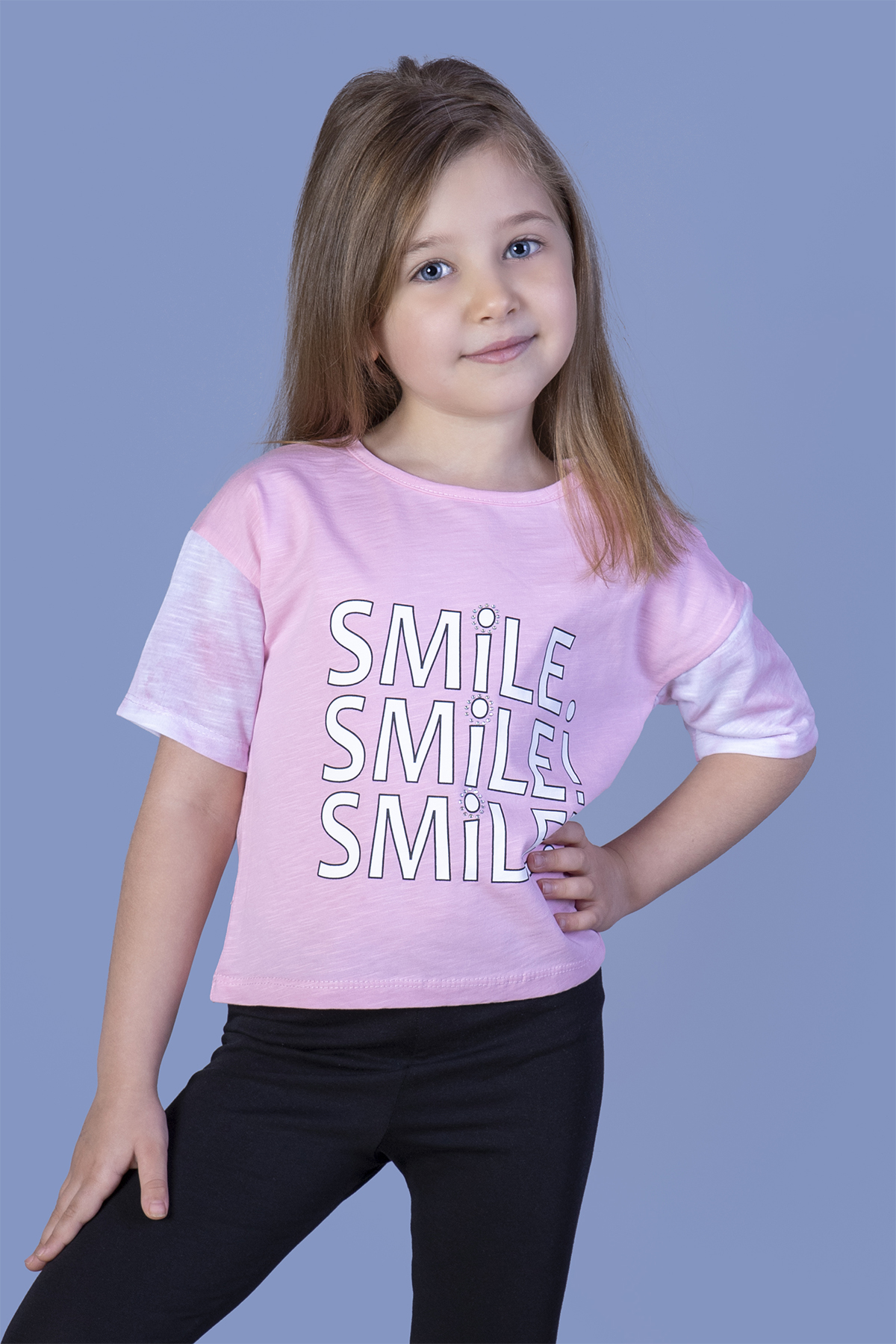 Toontoy Kız Çocuk Smile Baskılı Kolları Desenli Tişört