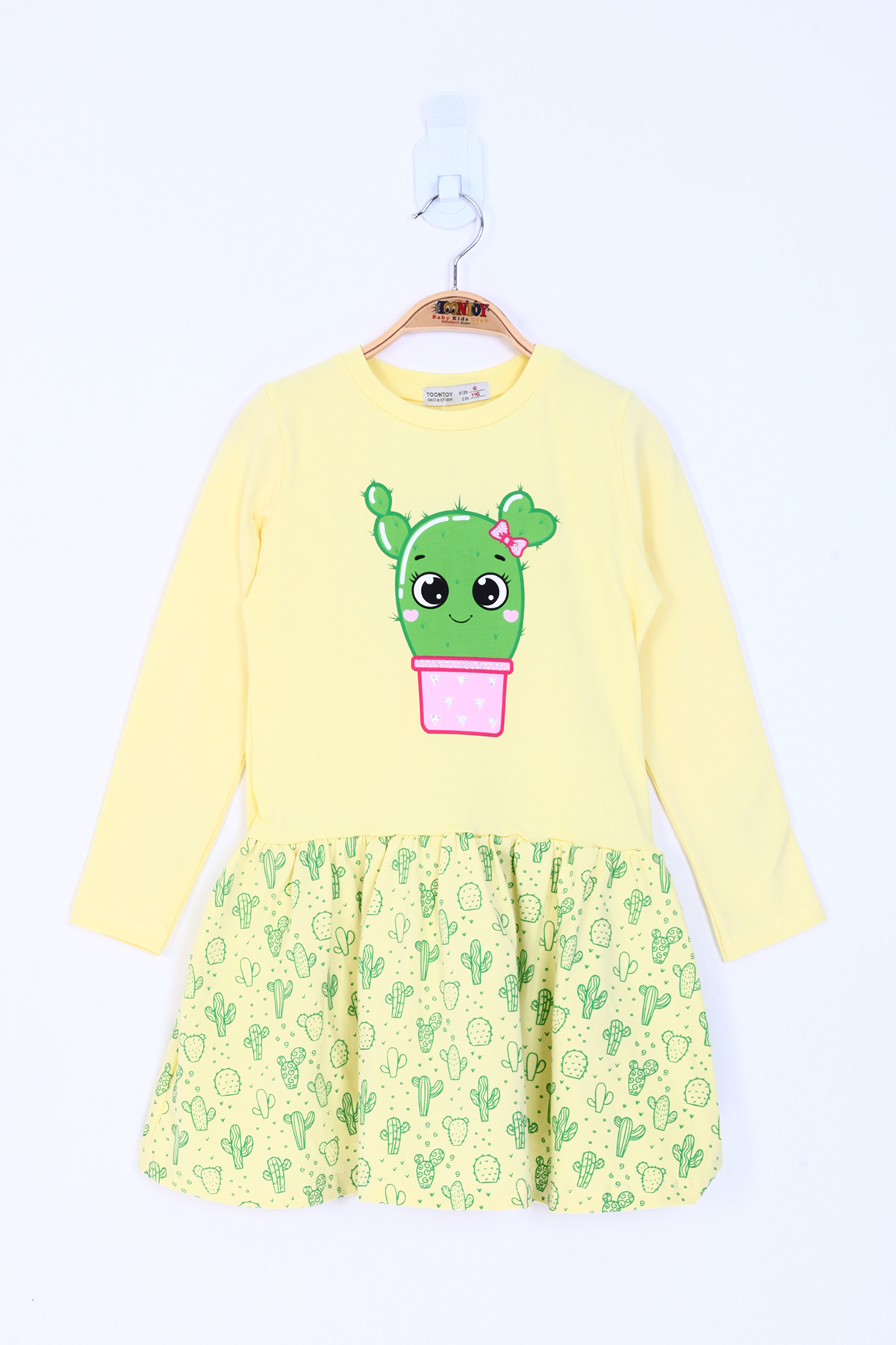 Toontoy Kız Çocuk Bisiklet Yaka Etek Volanlı Kaktüs Baskılı Elbis