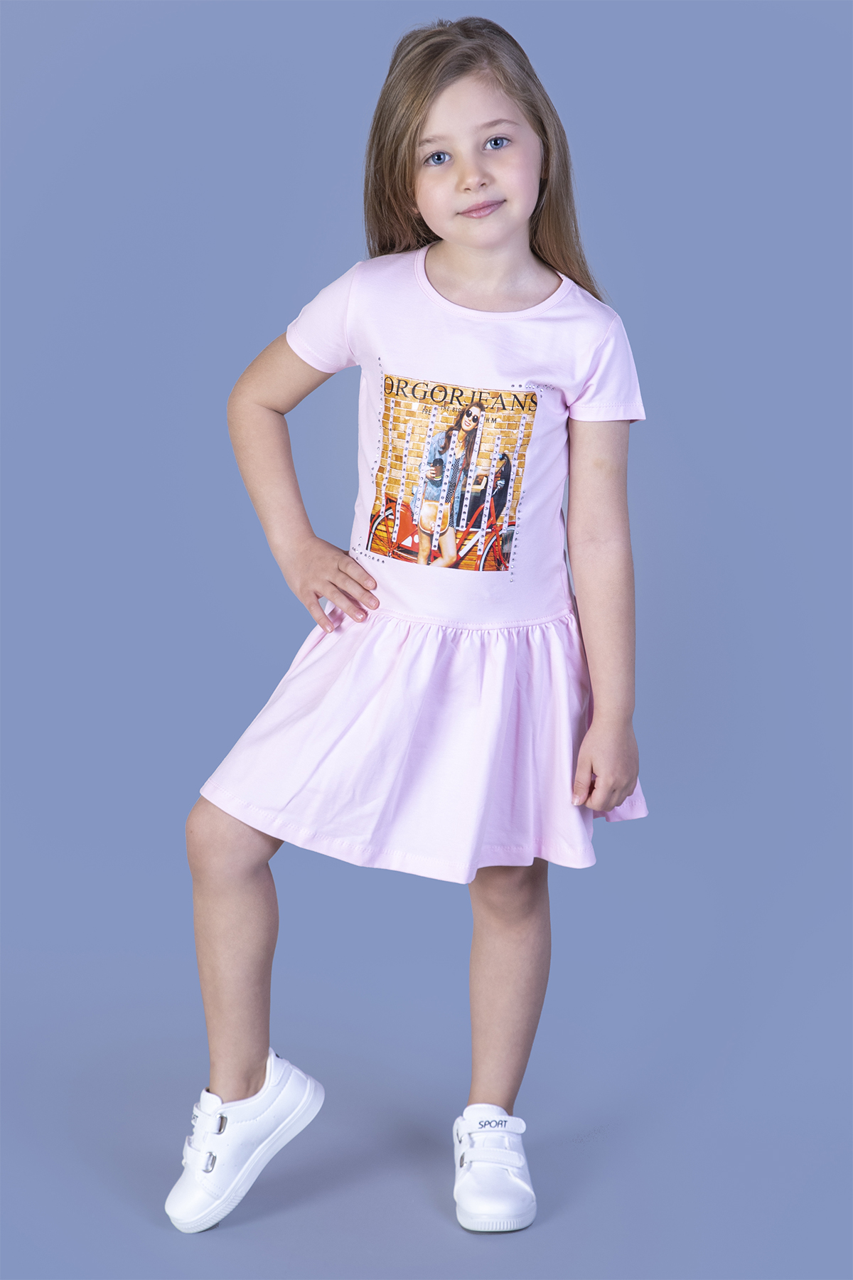 Toontoy Kız Çocuk Dijital Baskılı Taş İşlemeli Elbise