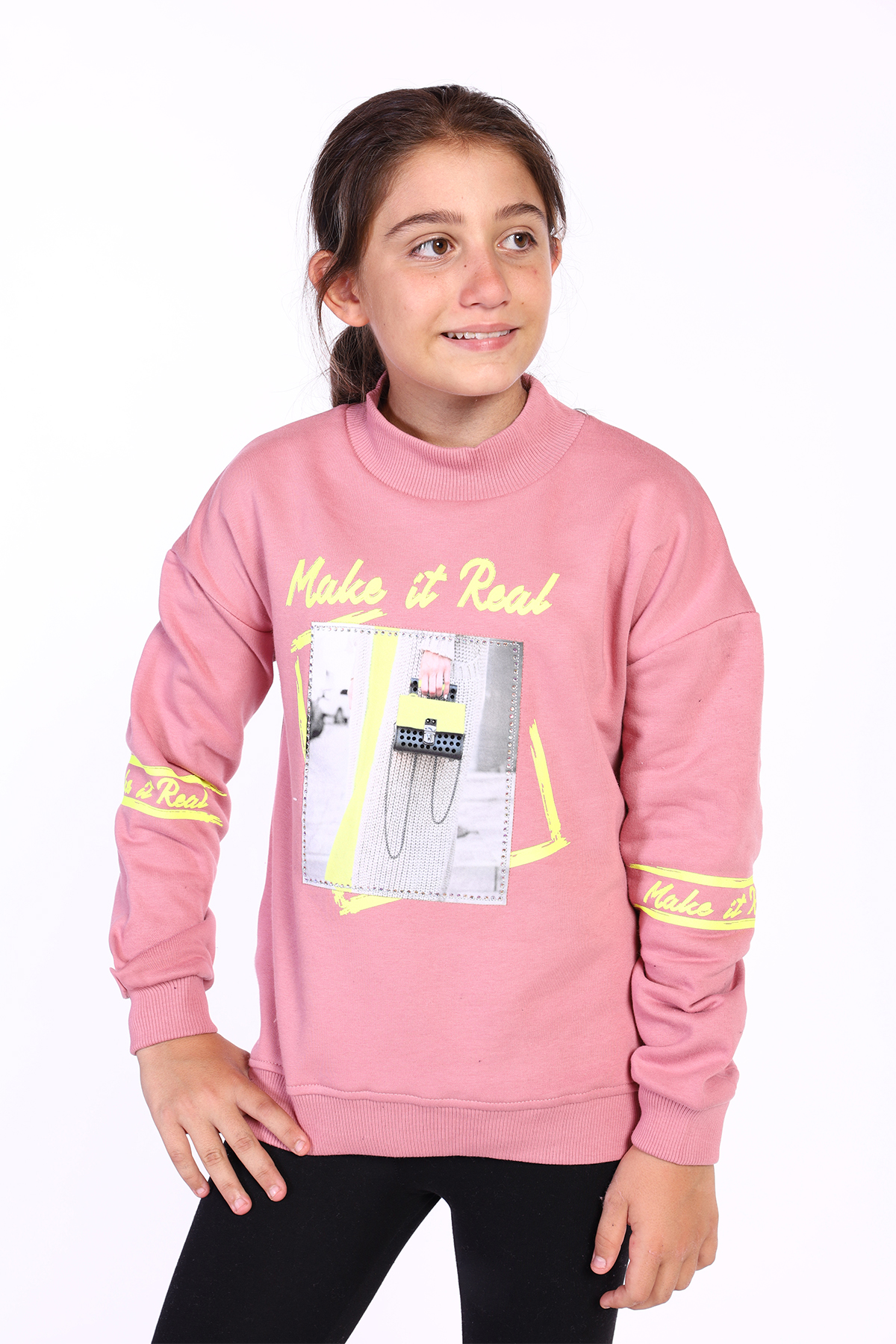 Toontoy Kız Çocuk Baskılı Taş İşlemeli Balıkçı Yaka Sweatshirt